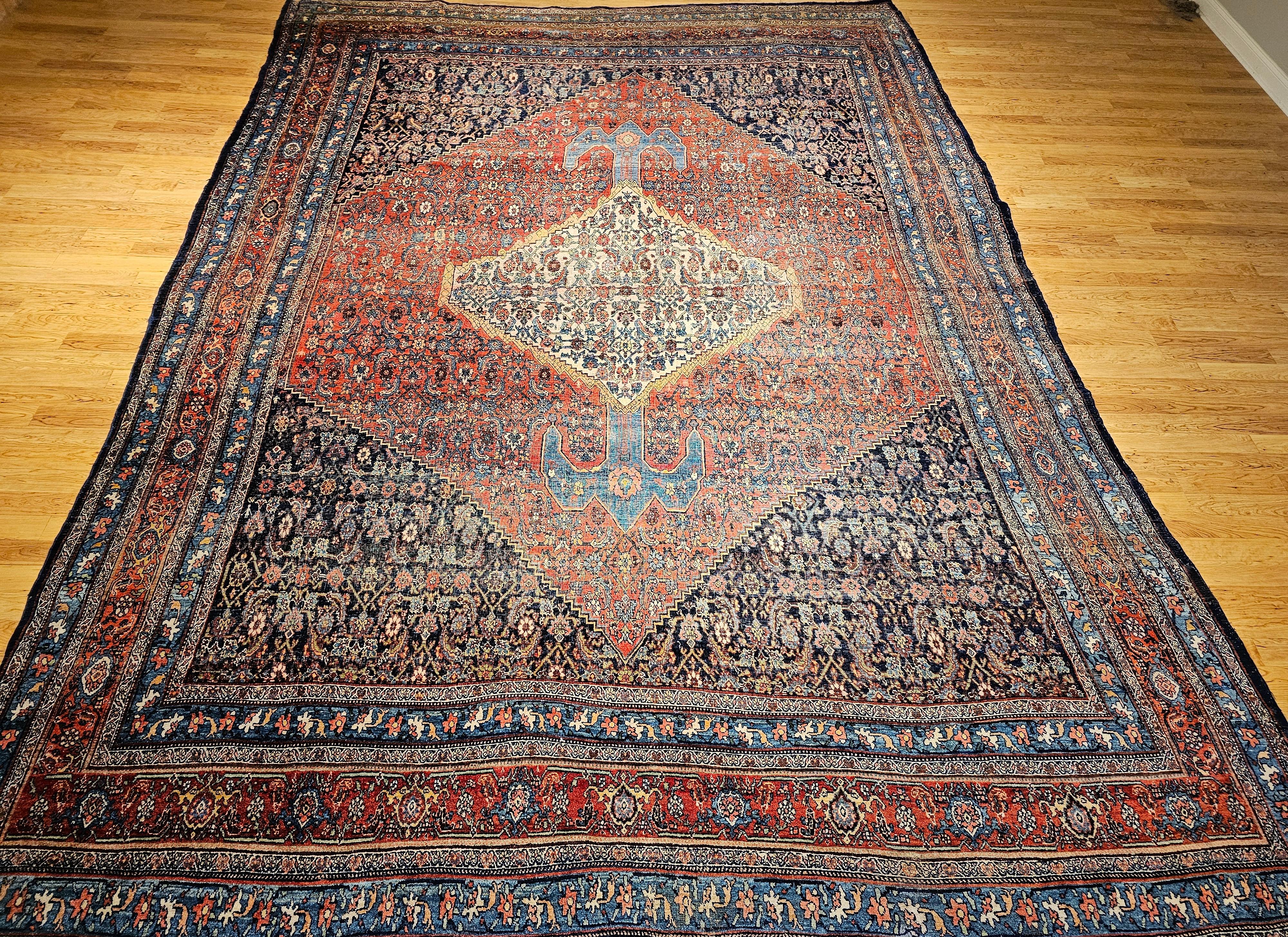 19th Century Oversized Persian Bidjar in red, French Blue, Ivory, Navy, Yellow For Sale 15