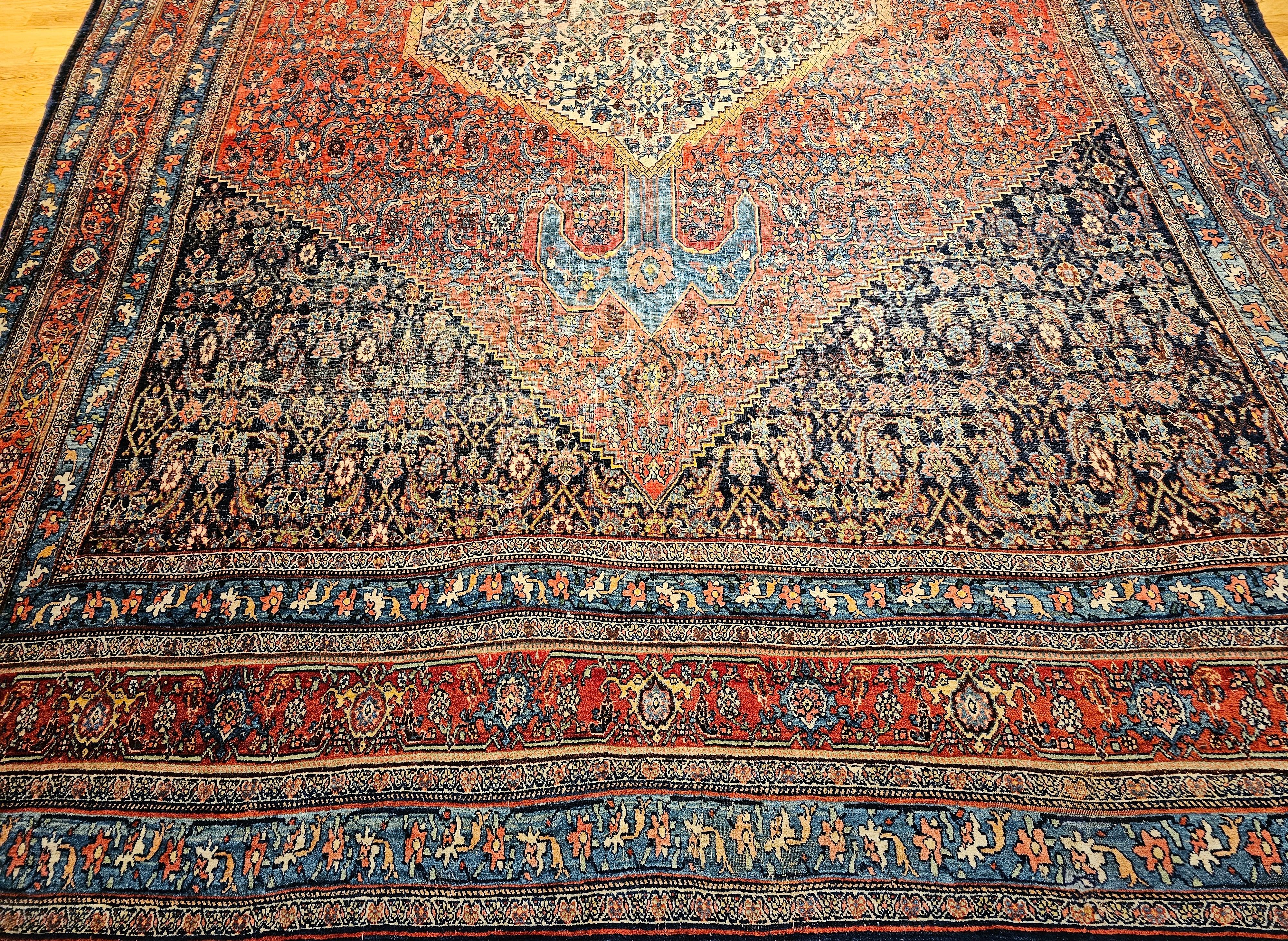 Vegetable Dyed 19th Century Oversized Persian Bidjar in red, French Blue, Ivory, Navy, Yellow For Sale