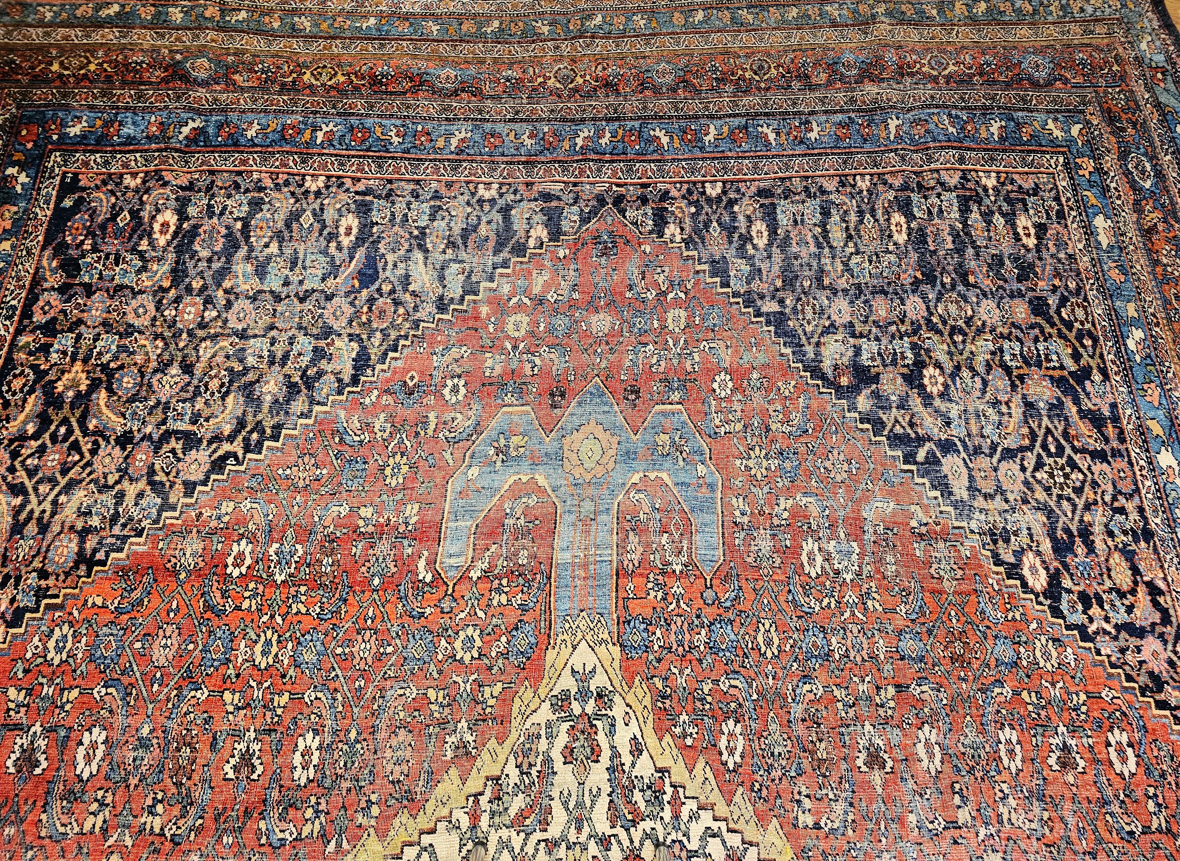 Wool 19th Century Oversized Persian Bidjar in red, French Blue, Ivory, Navy, Yellow For Sale