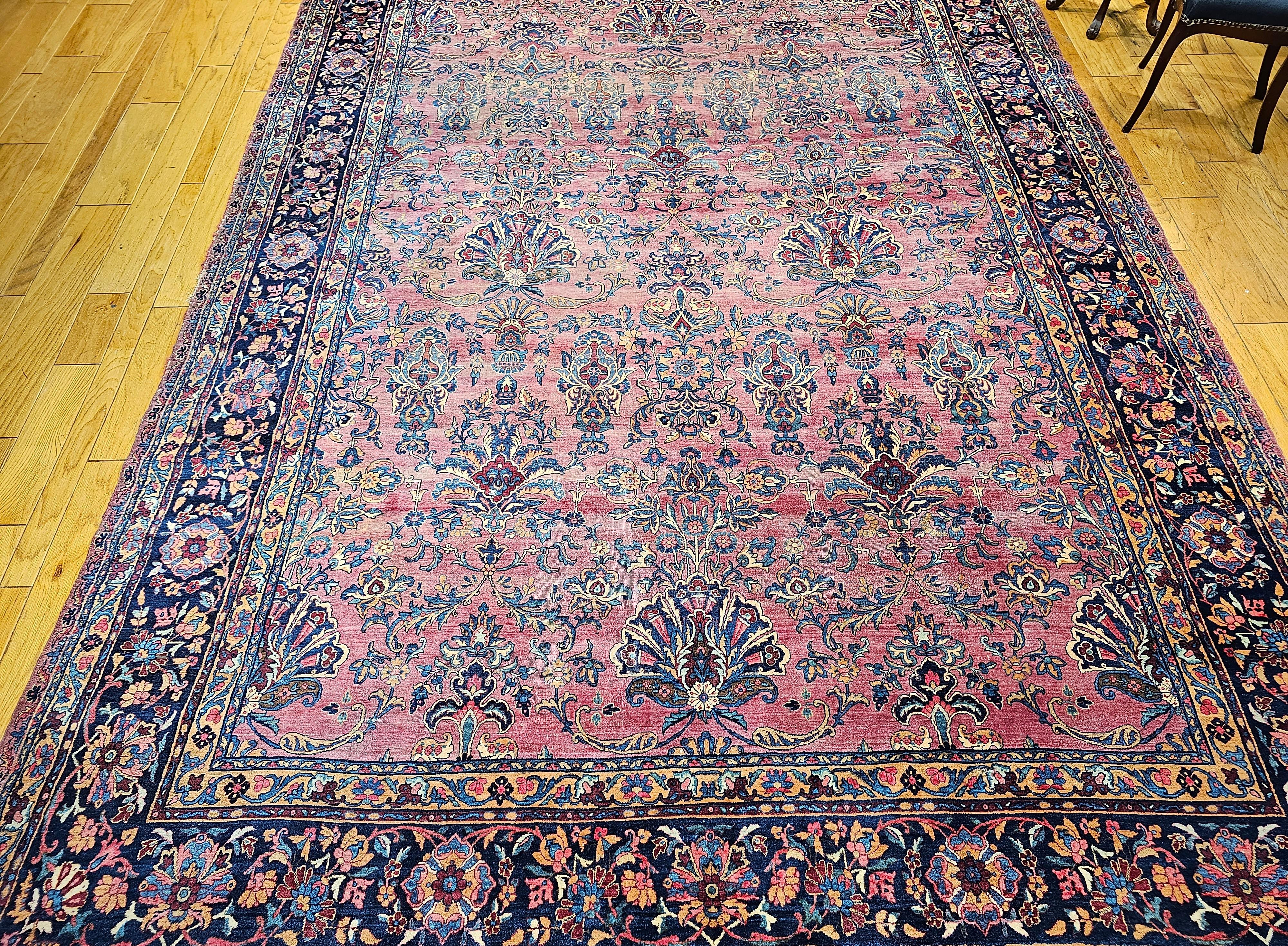 19th Century Oversized Persian Kashan in Allover Pattern in Burgundy, Navy, Red For Sale 9