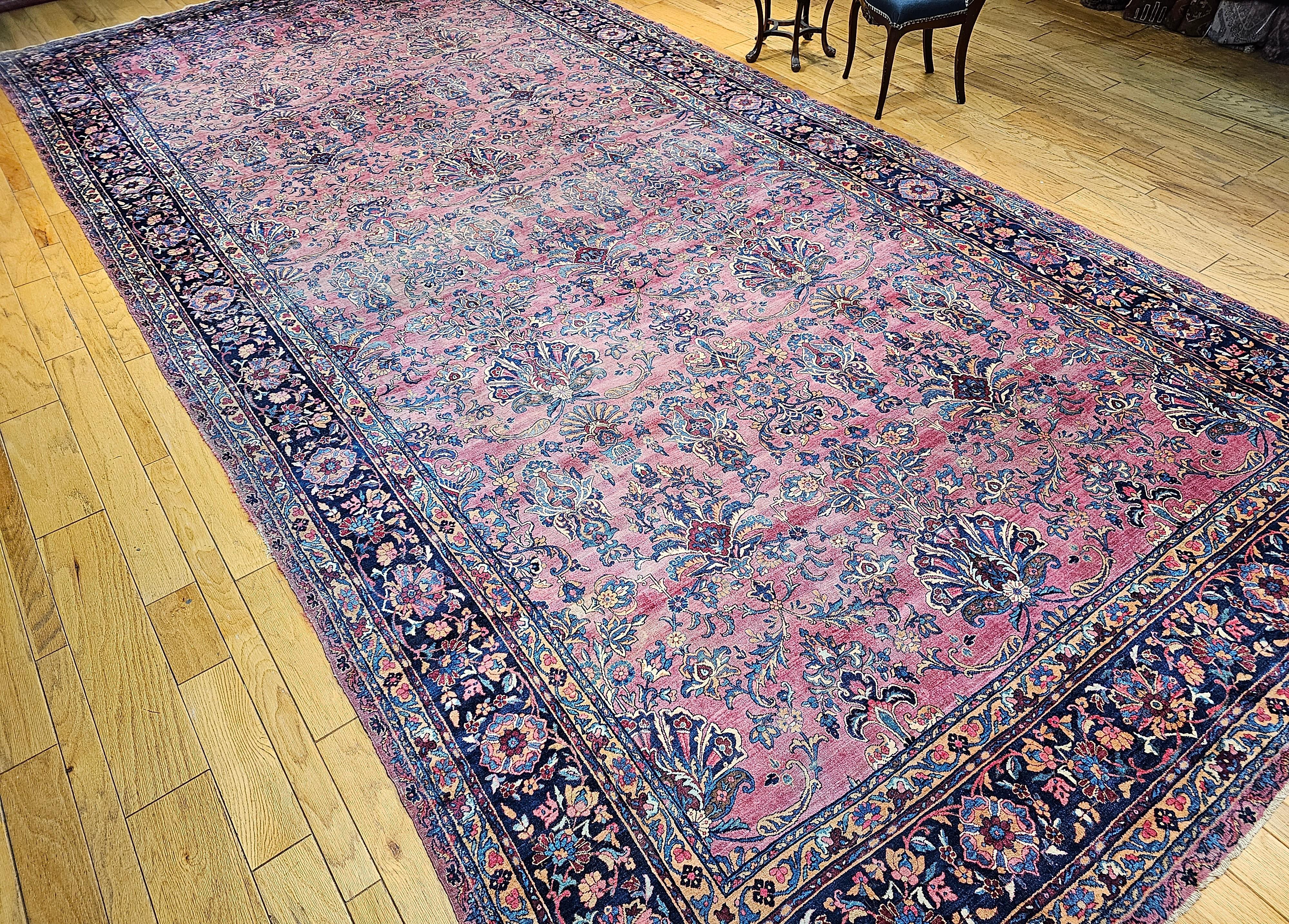 19th Century Oversized Persian Kashan in Allover Pattern in Burgundy, Navy, Red For Sale 10