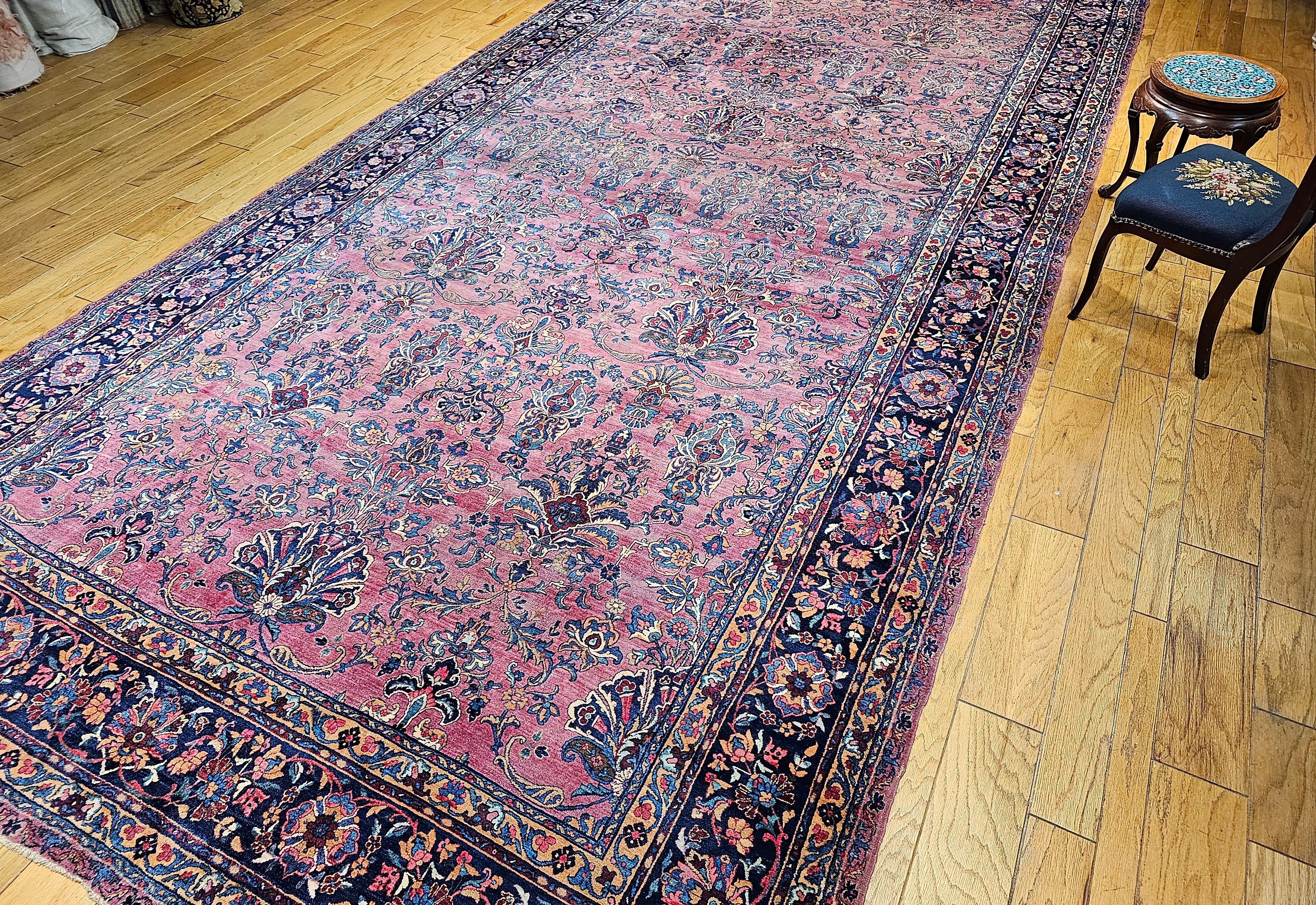 19th Century Oversized Persian Kashan in Allover Pattern in Burgundy, Navy, Red For Sale 11