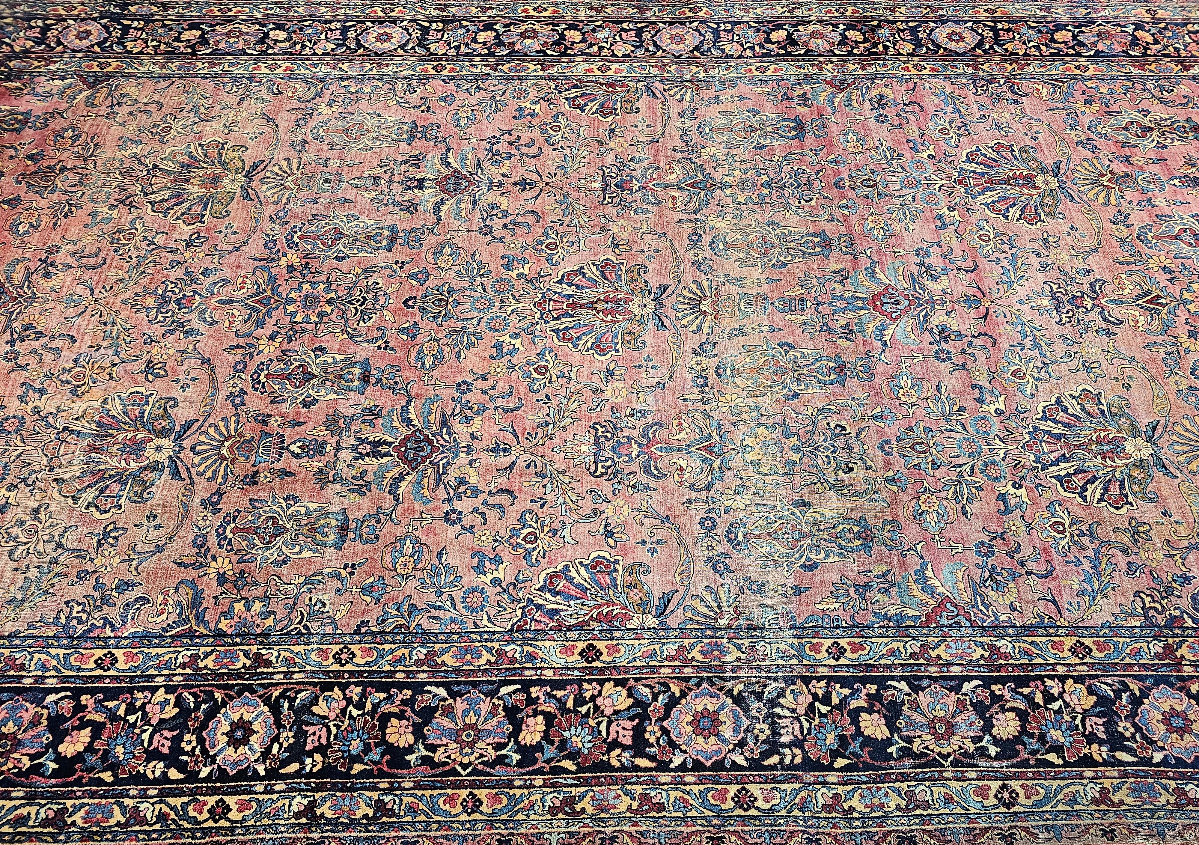 19th Century Oversized Persian Kashan in Allover Pattern in Burgundy, Navy, Red For Sale 12