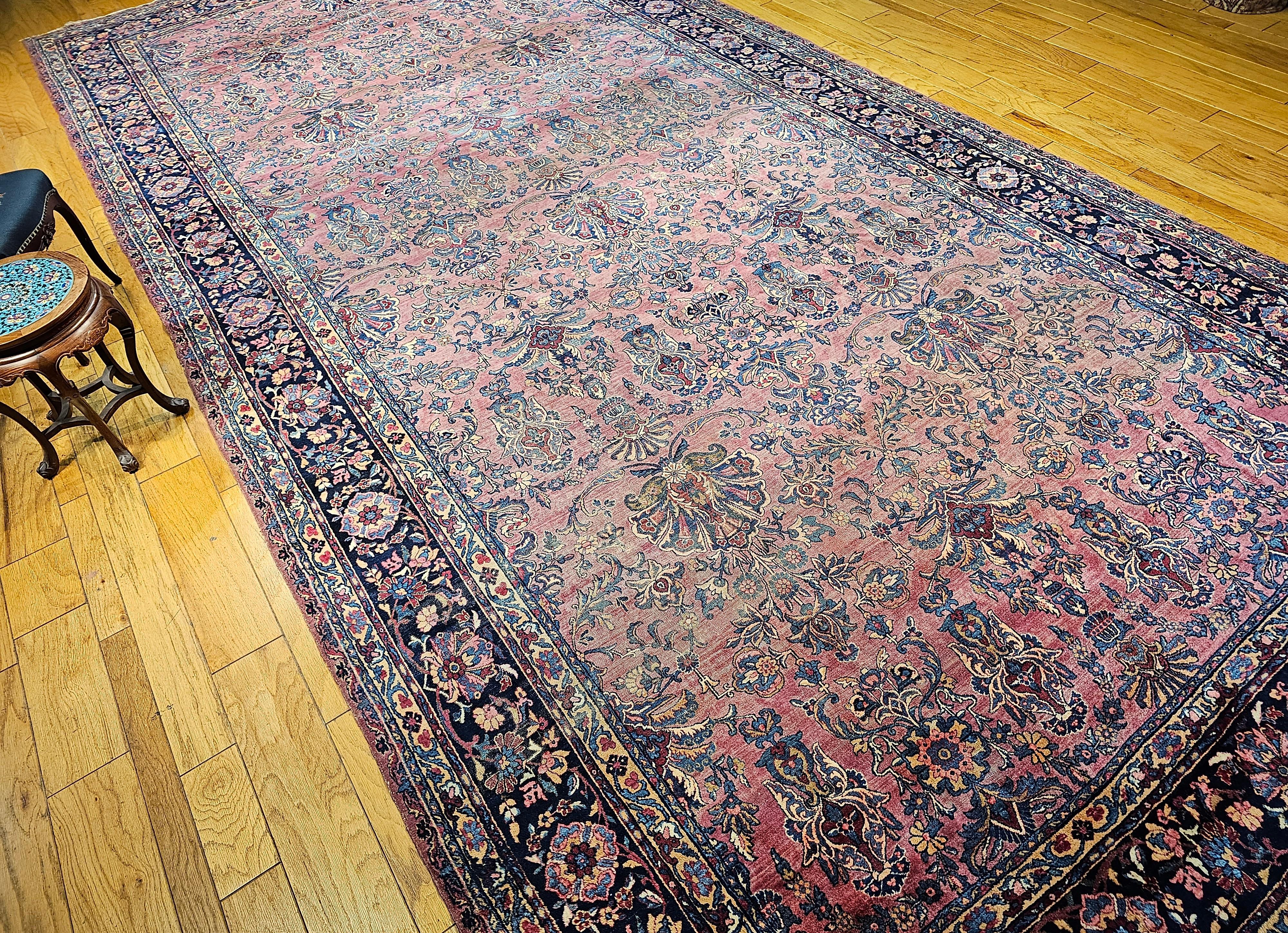 19th Century Oversized Persian Kashan in Allover Pattern in Burgundy, Navy, Red For Sale 13