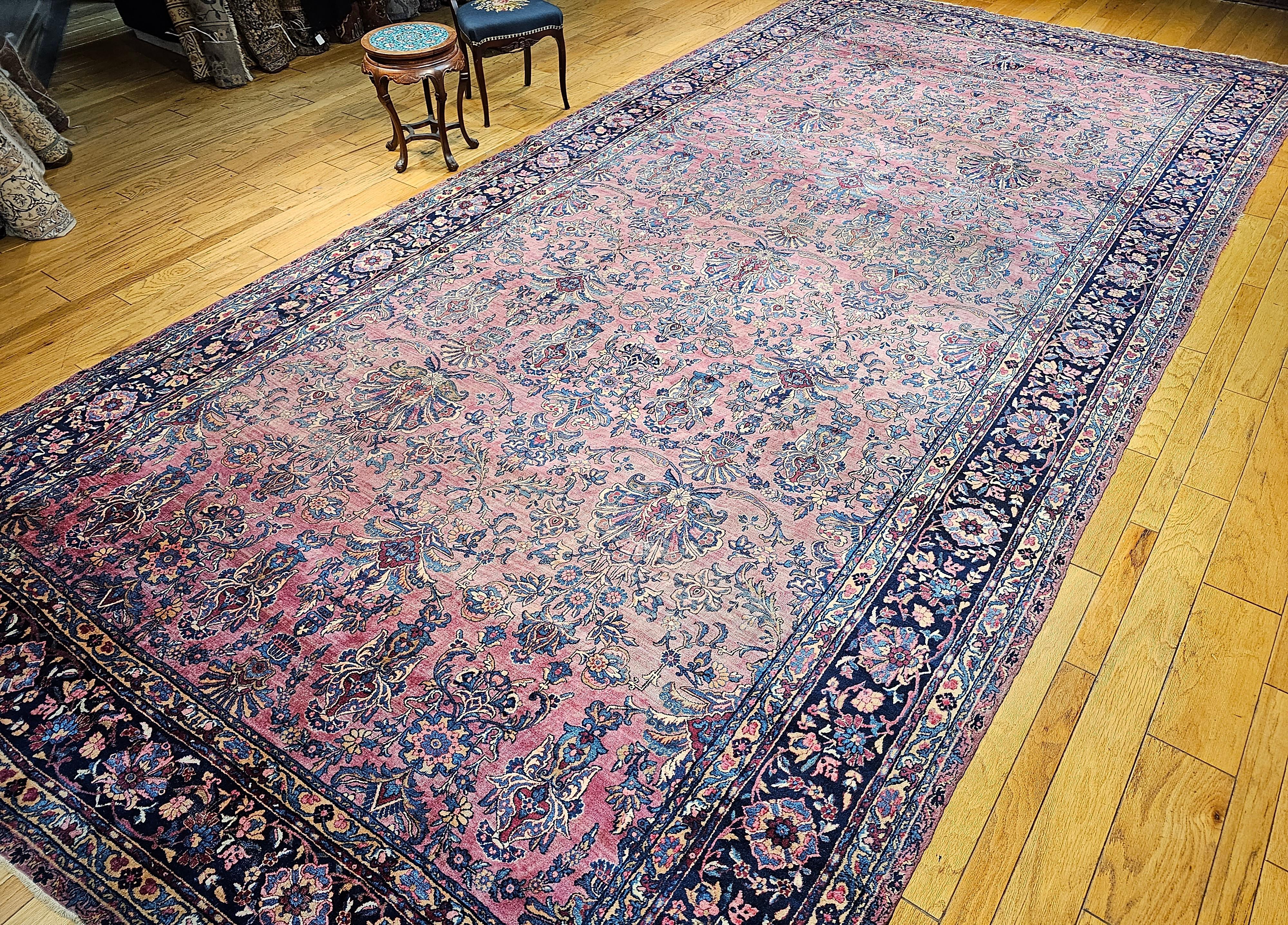 19th Century Oversized Persian Kashan in Allover Pattern in Burgundy, Navy, Red For Sale 14