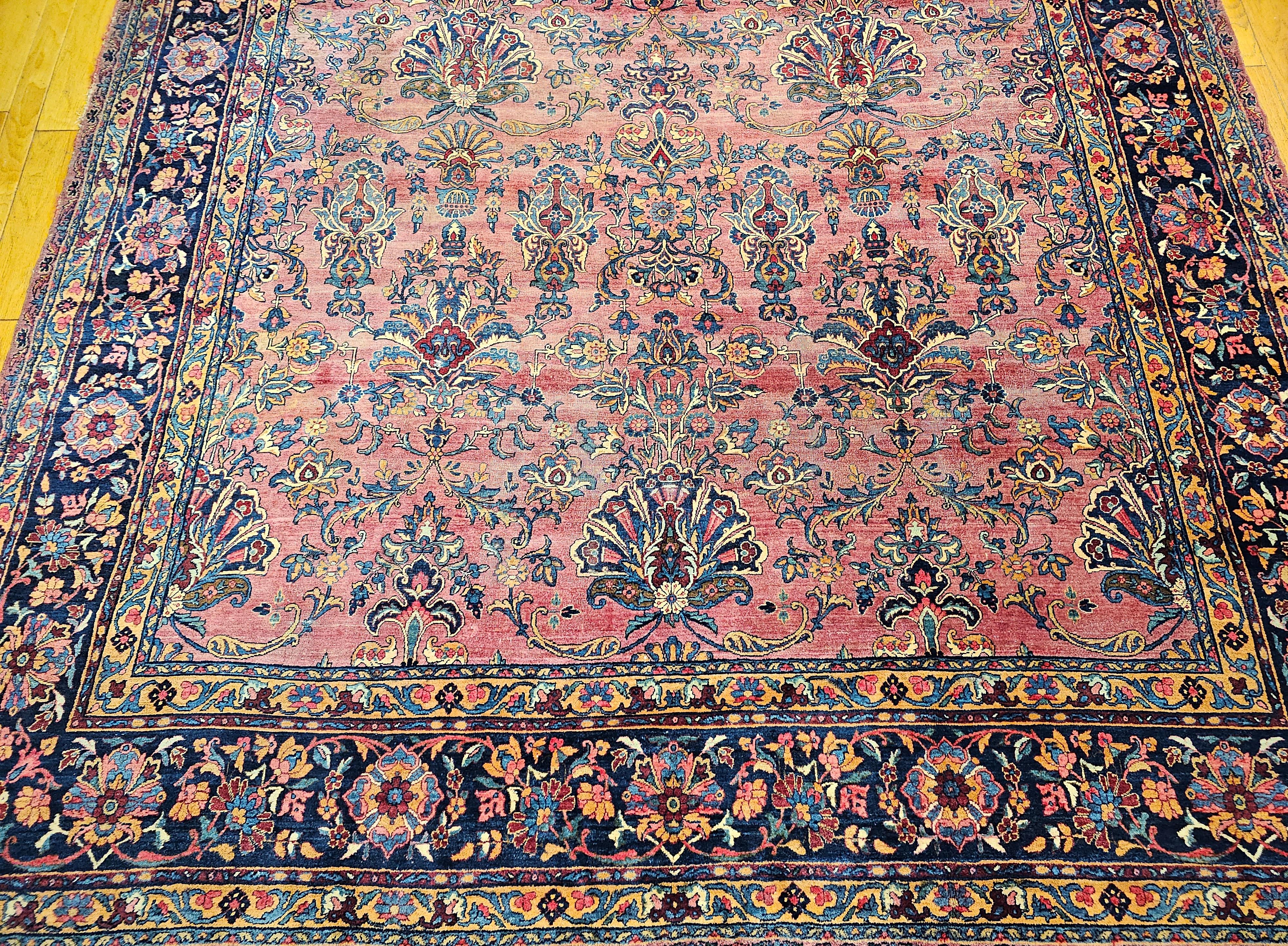 Hand-Knotted 19th Century Oversized Persian Kashan in Allover Pattern in Burgundy, Navy, Red For Sale