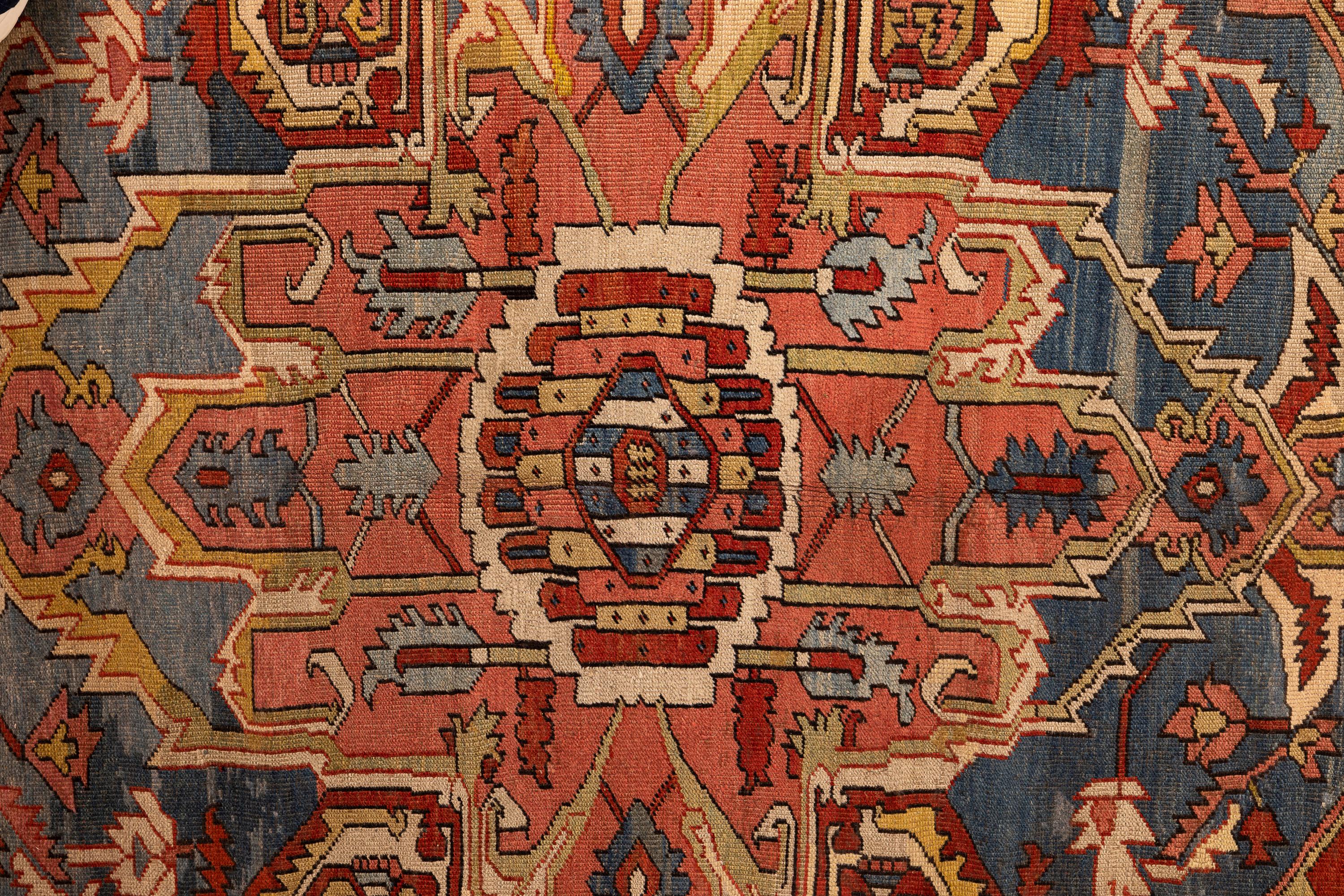 Hand-Knotted 19th Century Oversized Serapi-Style Handwoven Wool Carpet in Coral and Indigo For Sale