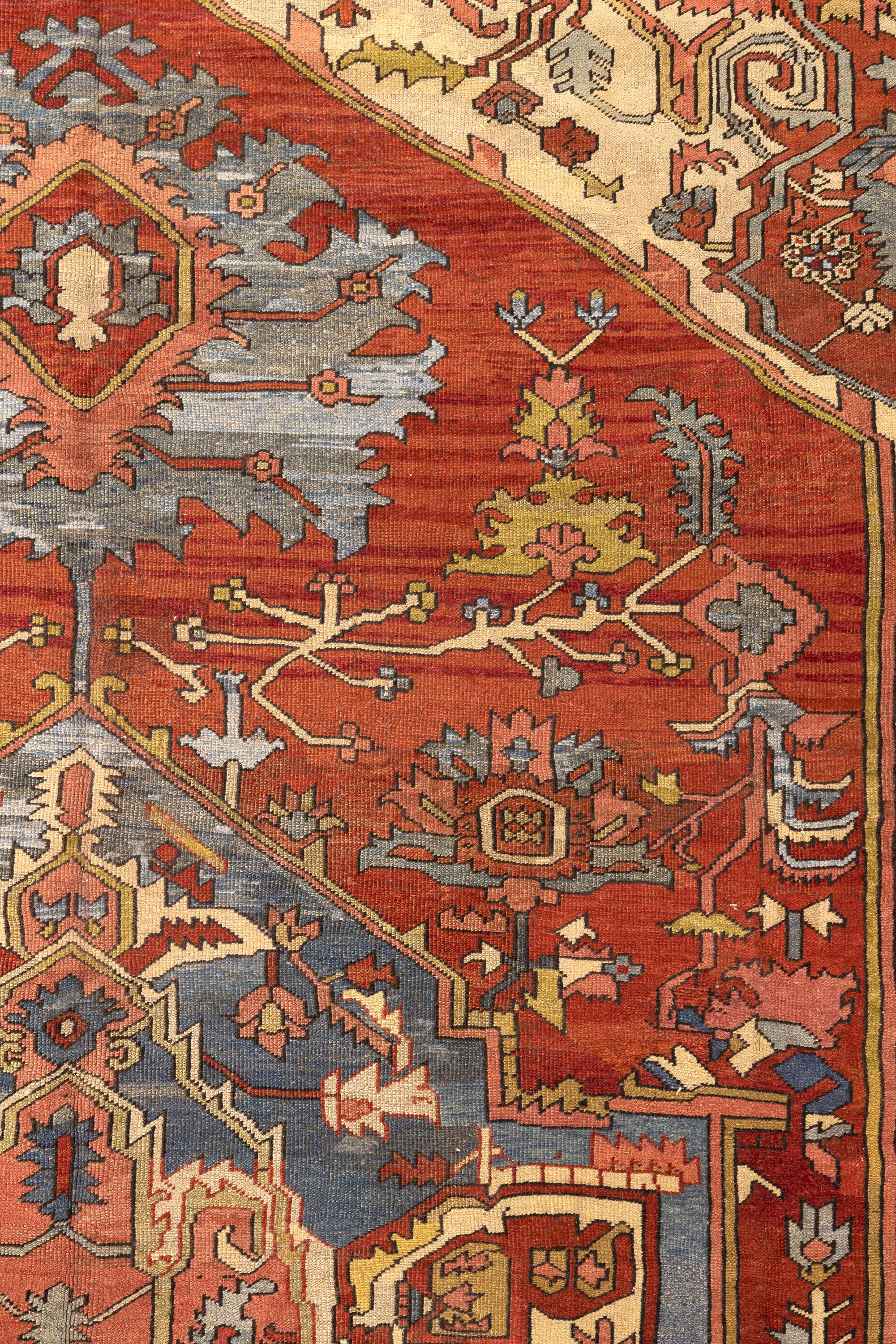 19th Century Oversized Serapi-Style Handwoven Wool Carpet in Coral and Indigo For Sale 2