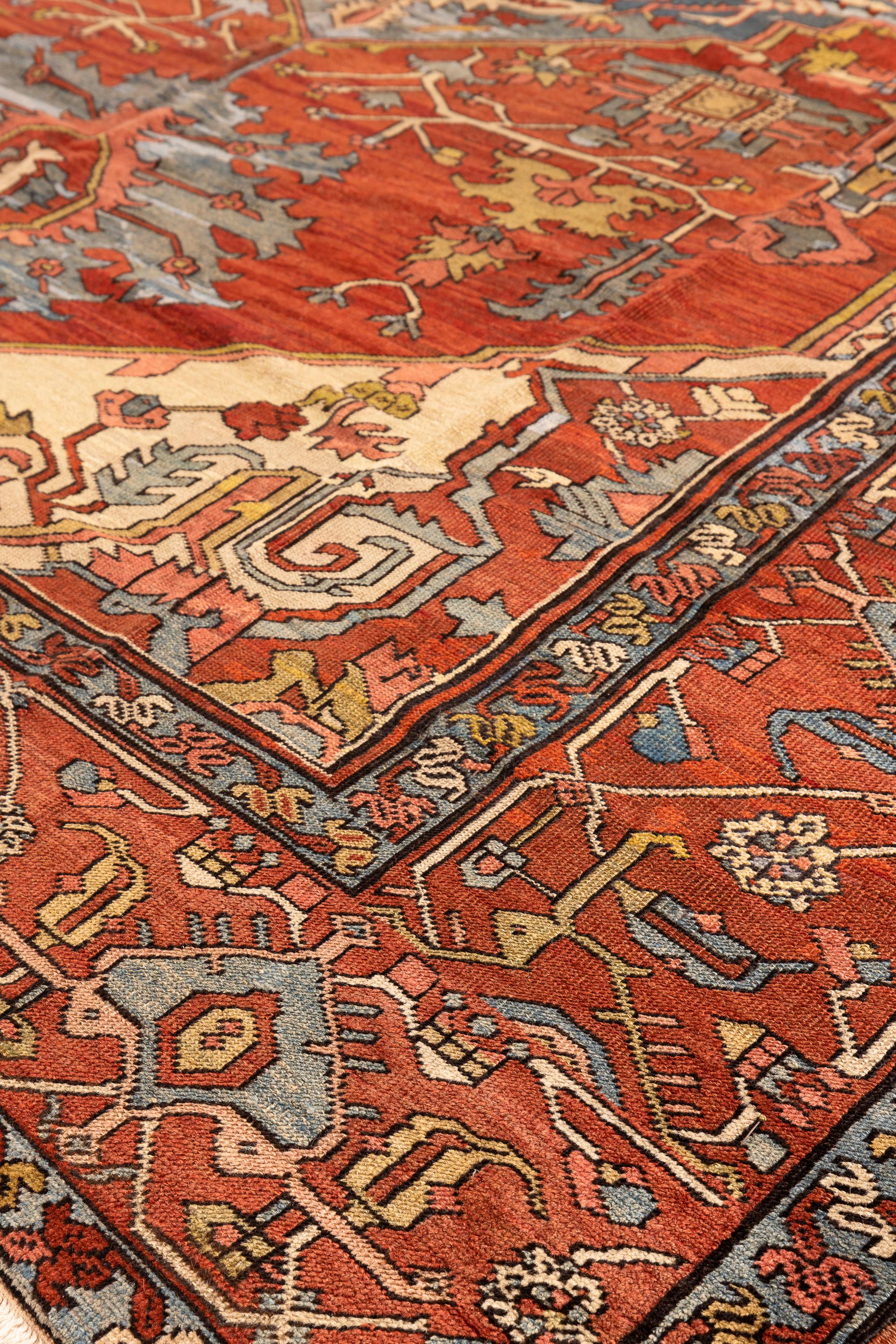 19th Century Oversized Serapi-Style Handwoven Wool Carpet in Coral and Indigo For Sale 3