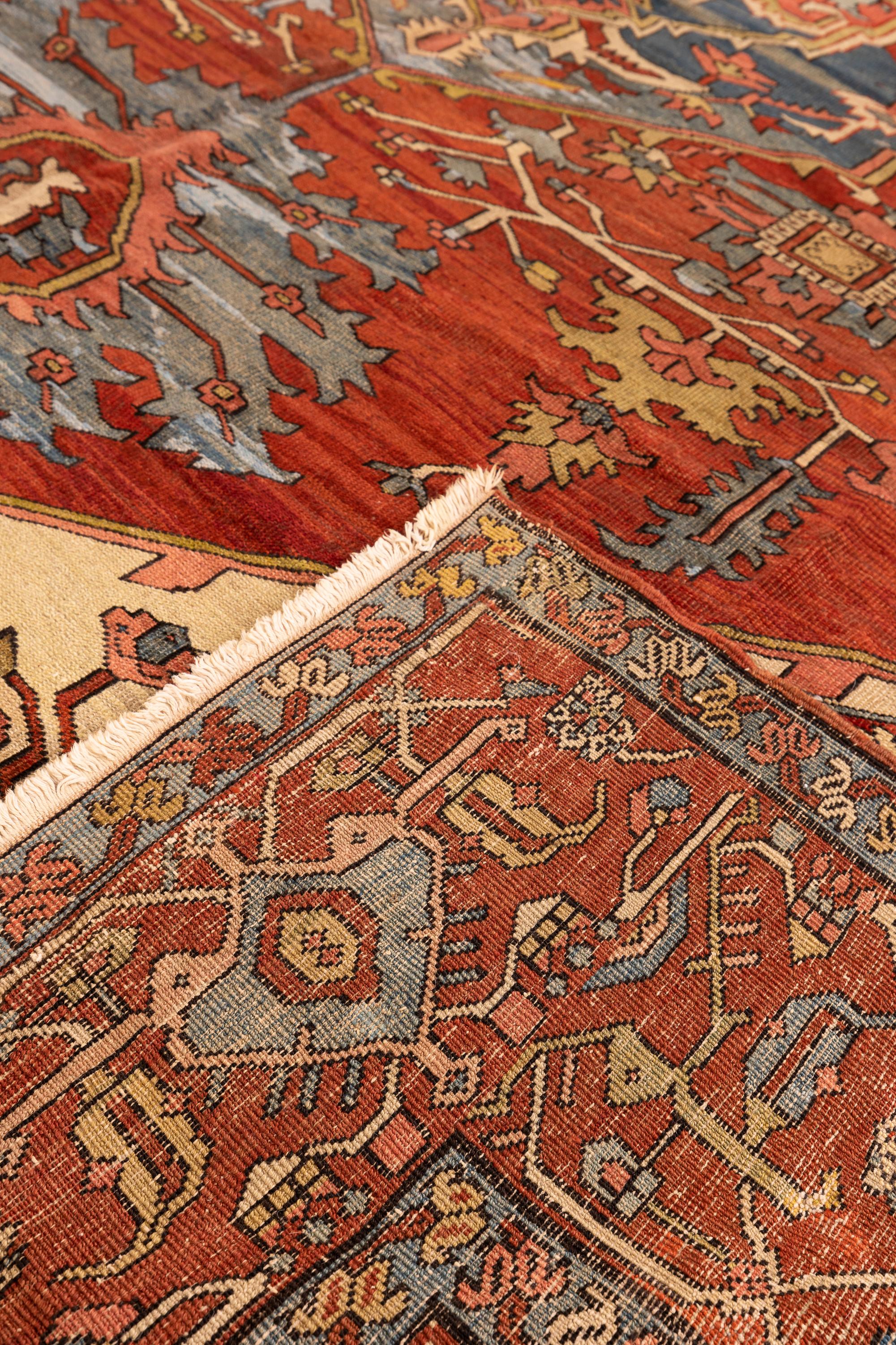 19th Century Oversized Serapi-Style Handwoven Wool Carpet in Coral and Indigo For Sale 4