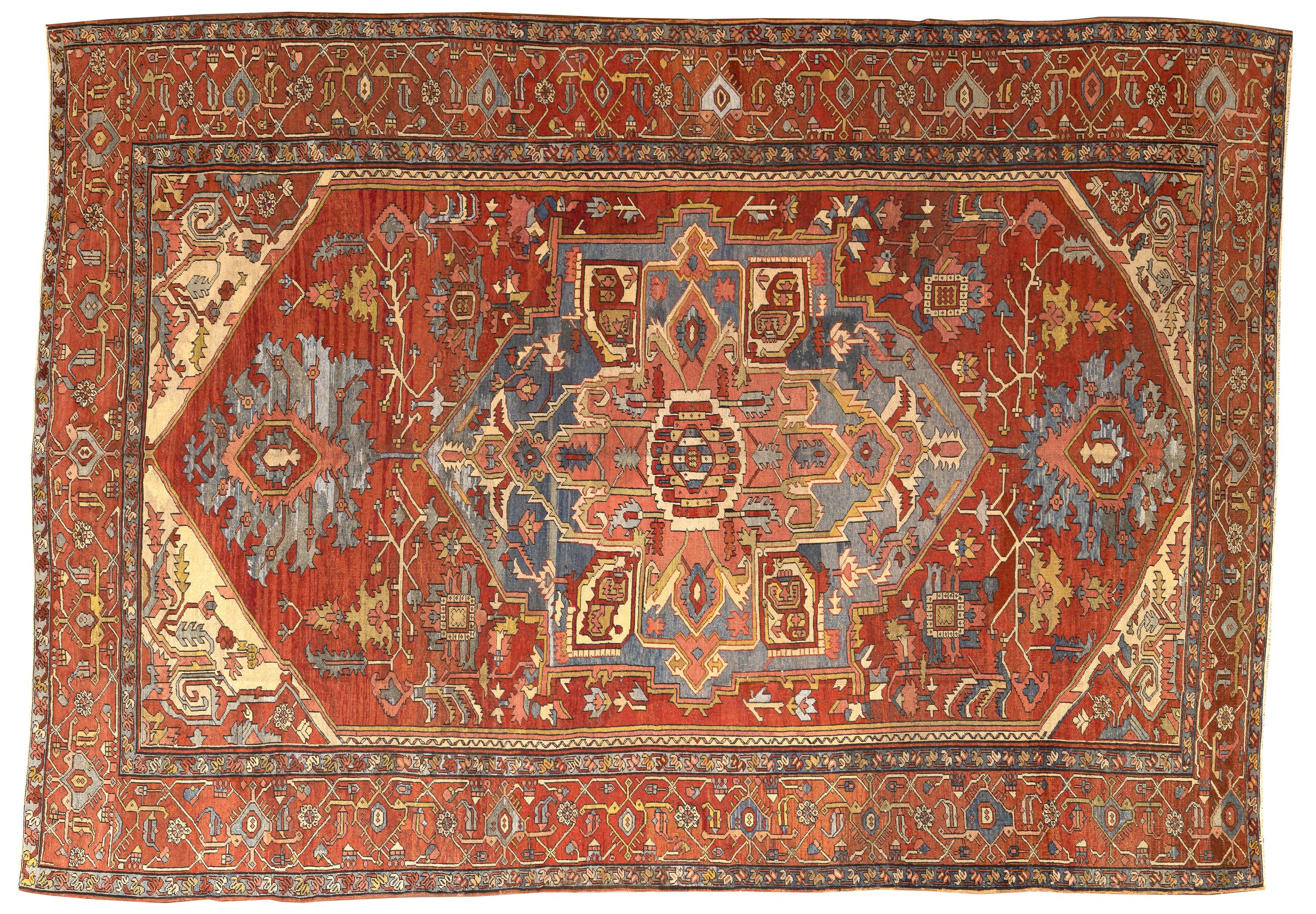 19th Century Oversized Serapi-Style Handwoven Wool Carpet in Coral and Indigo For Sale 5