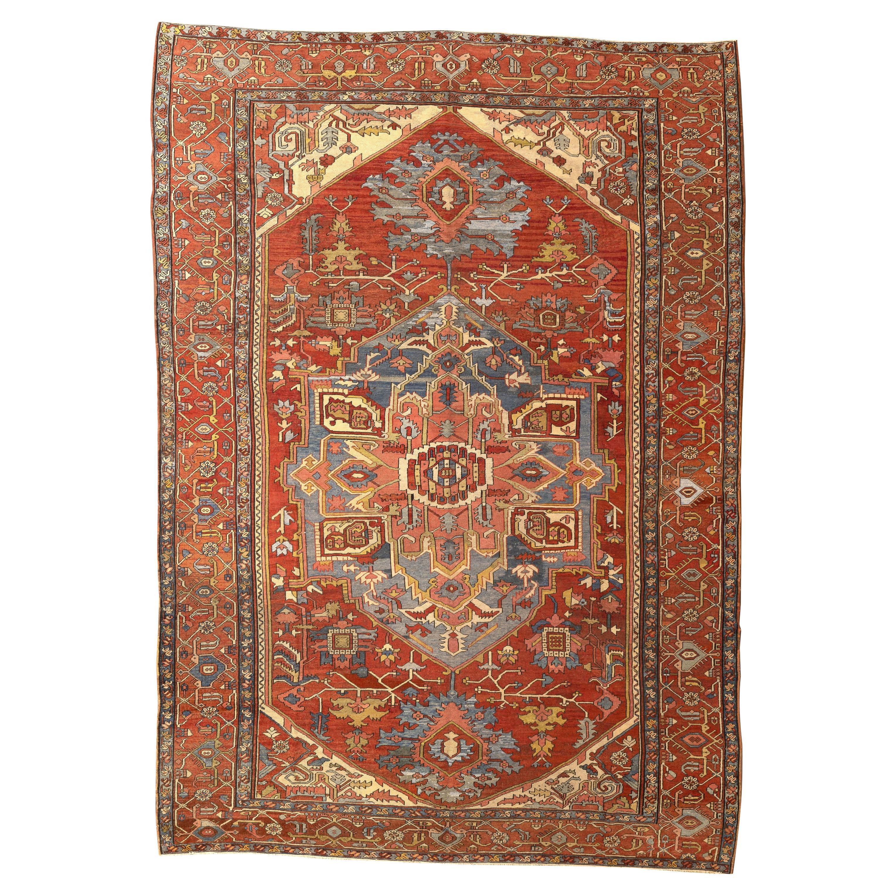 19th Century Oversized Serapi-Style Handwoven Wool Carpet in Coral and Indigo