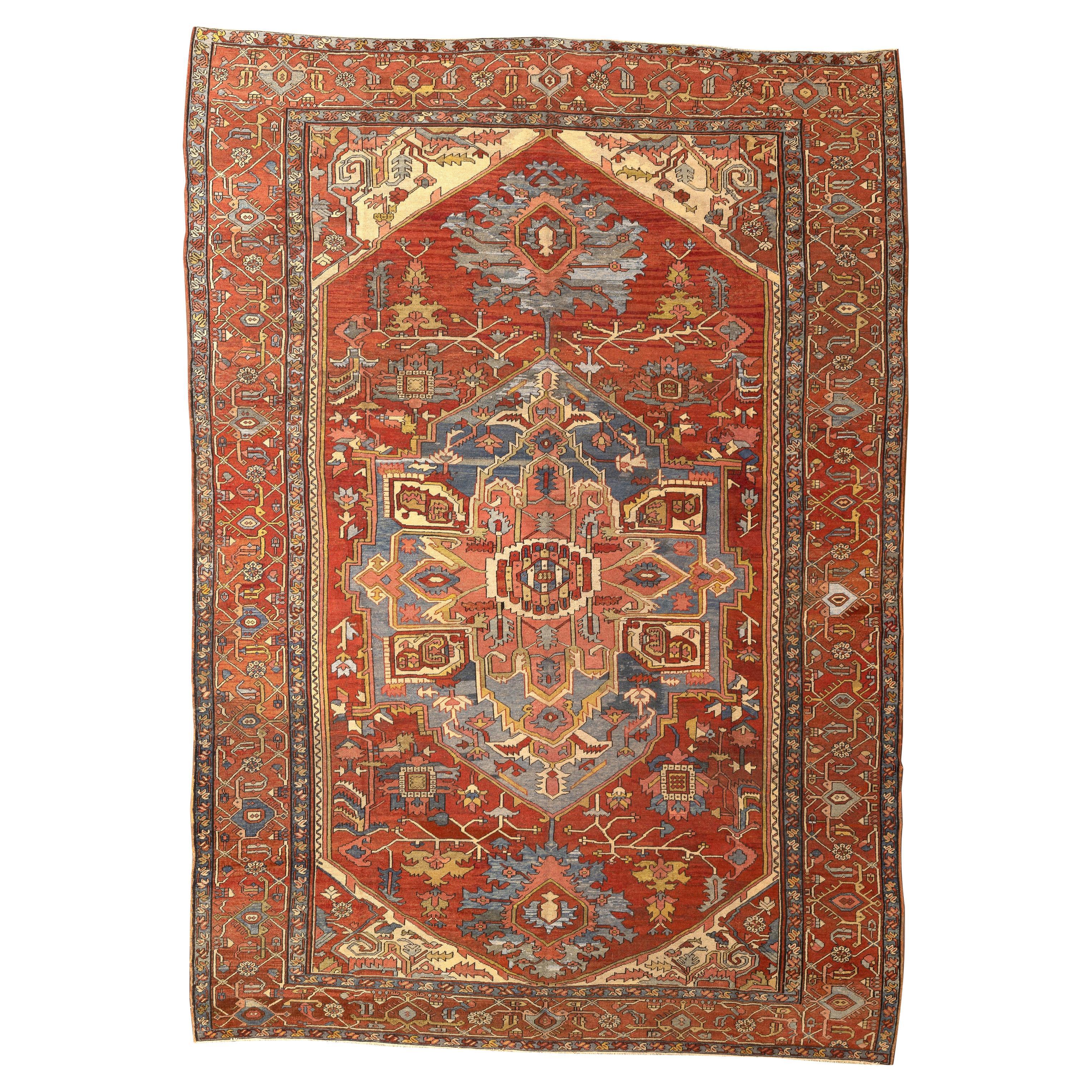 19th Century Oversized Serapi Handwoven Wool Carpet in Coral and Indigo