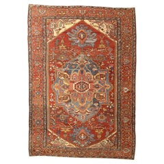 19th Century Oversized Serapi Handwoven Wool Carpet in Coral and Indigo
