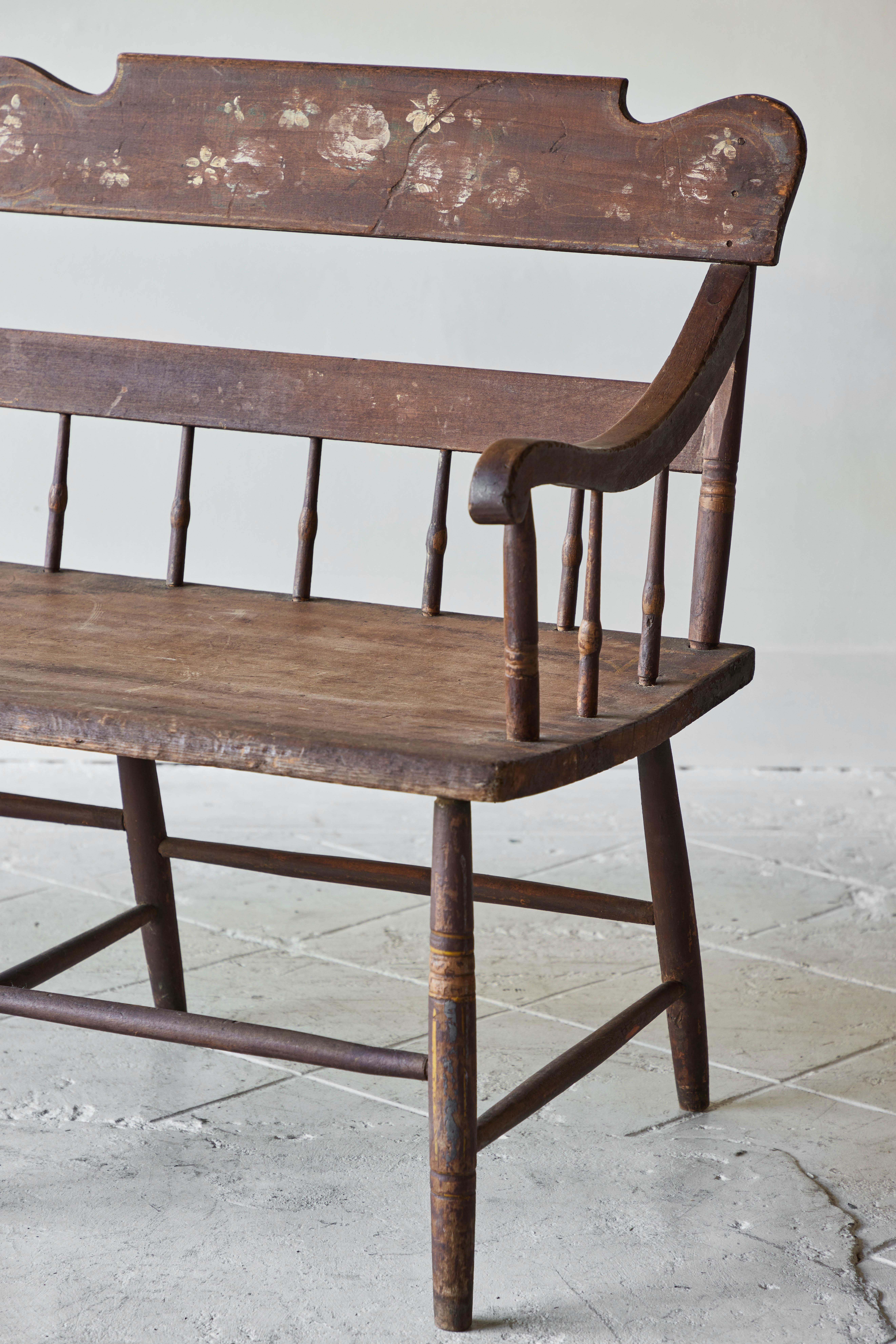 Wood 19th Century Paint Decorated Pennsylvania Plank-Seat Settee