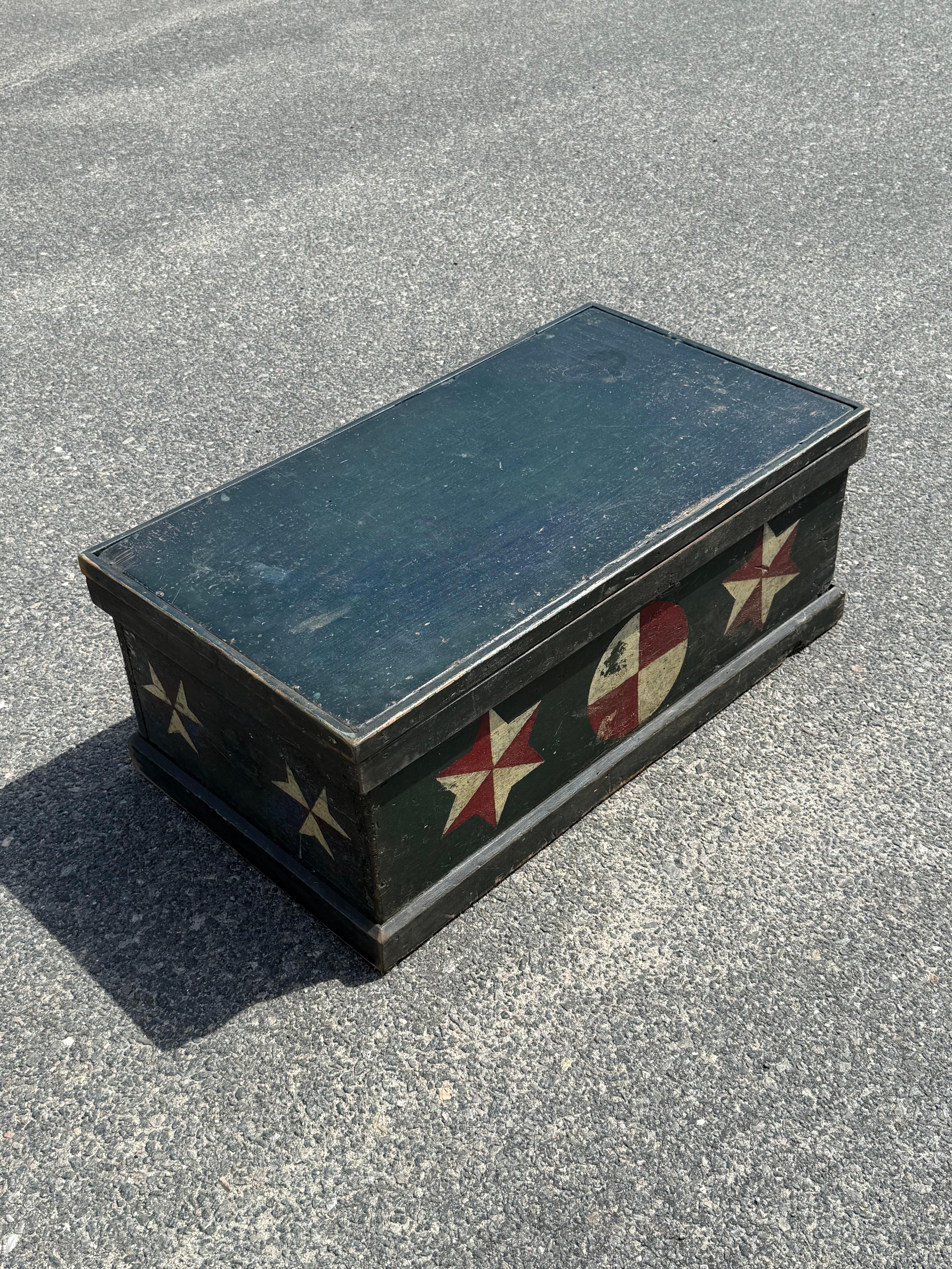 19th century pine seachest with original green over blue base paint and red and white star and circle embellishments. Hinged lift top reveals interior with fitted till and blue painted bottom board.