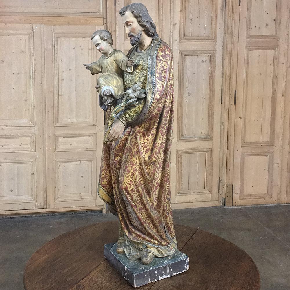 Napoleon III 19th Century Painted and Carved Wood Near-Life Size Statue of St.Joseph & Jesus