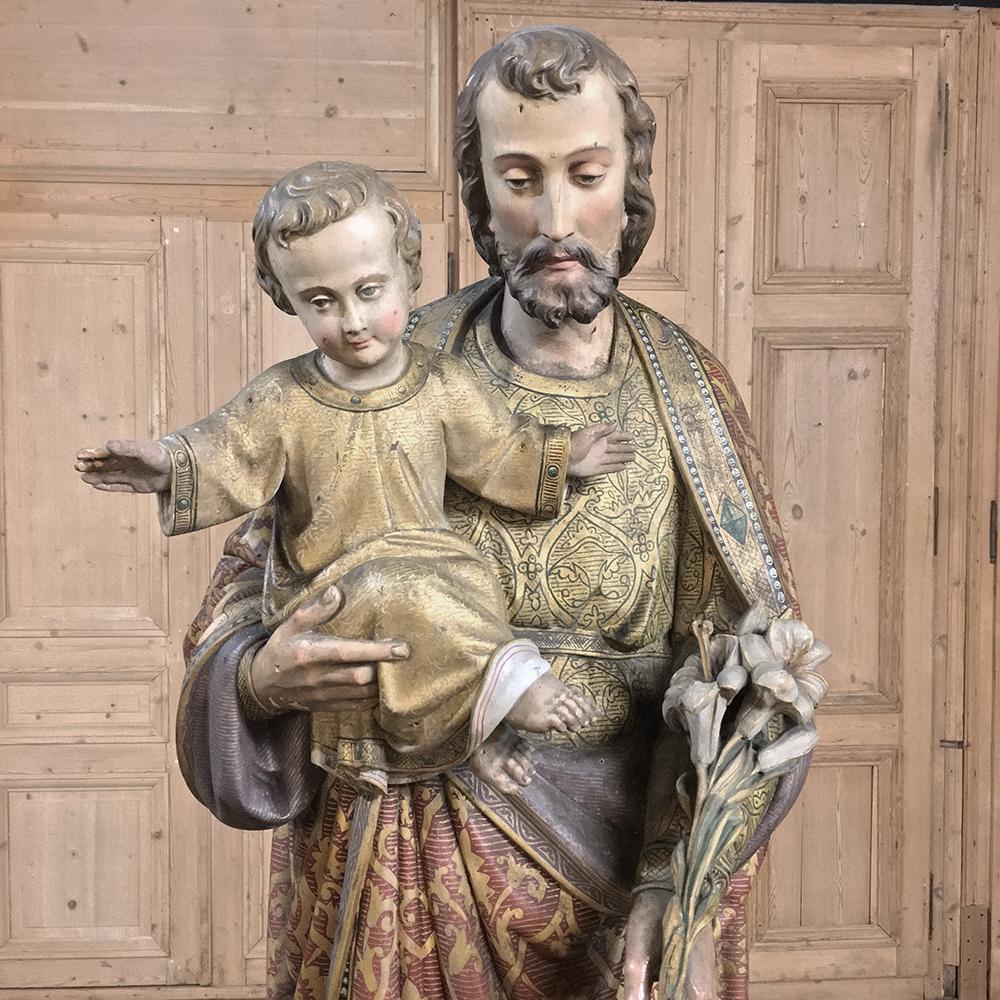 French 19th Century Painted and Carved Wood Near-Life Size Statue of St.Joseph & Jesus