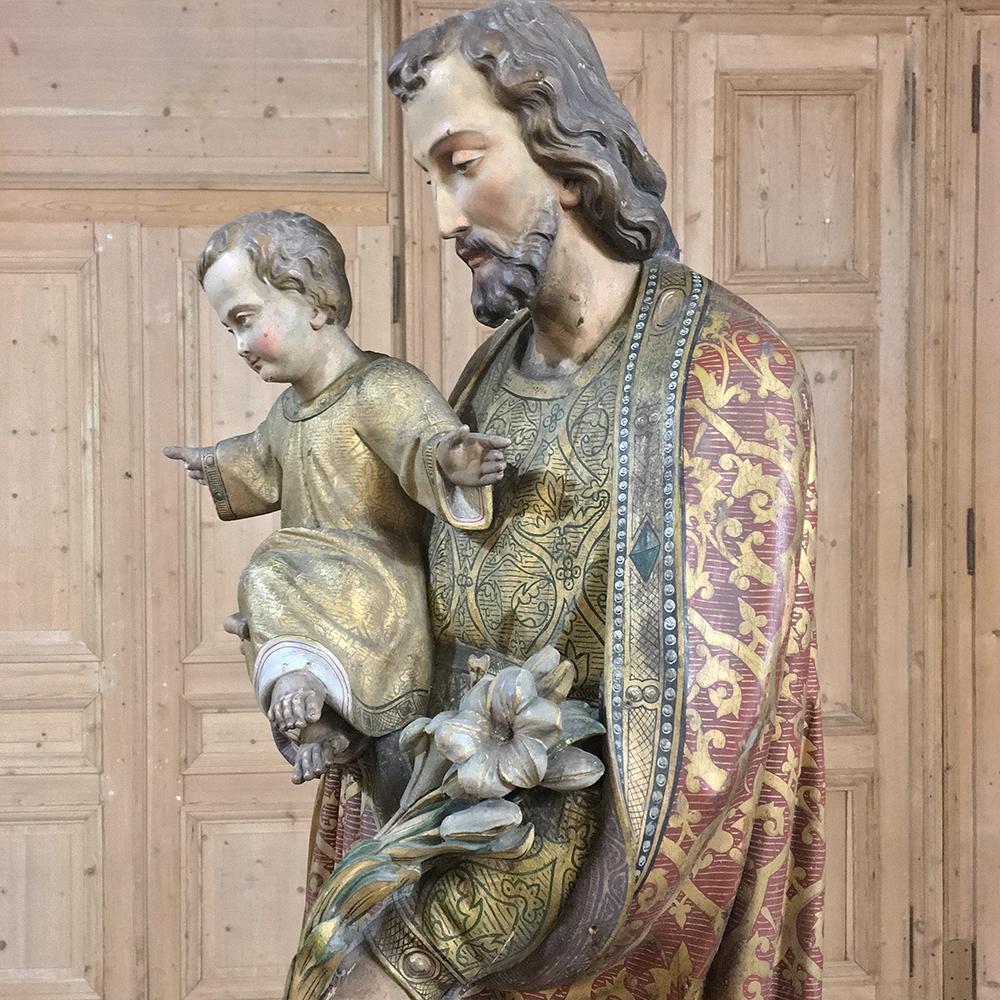 Polychromed 19th Century Painted and Carved Wood Near-Life Size Statue of St.Joseph & Jesus