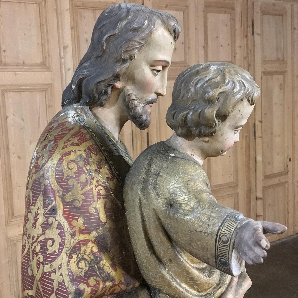 19th Century Painted and Carved Wood Near-Life Size Statue of St.Joseph & Jesus In Good Condition In Dallas, TX