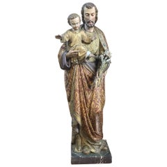 Antique 19th Century Painted and Carved Wood Near-Life Size Statue of St.Joseph & Jesus