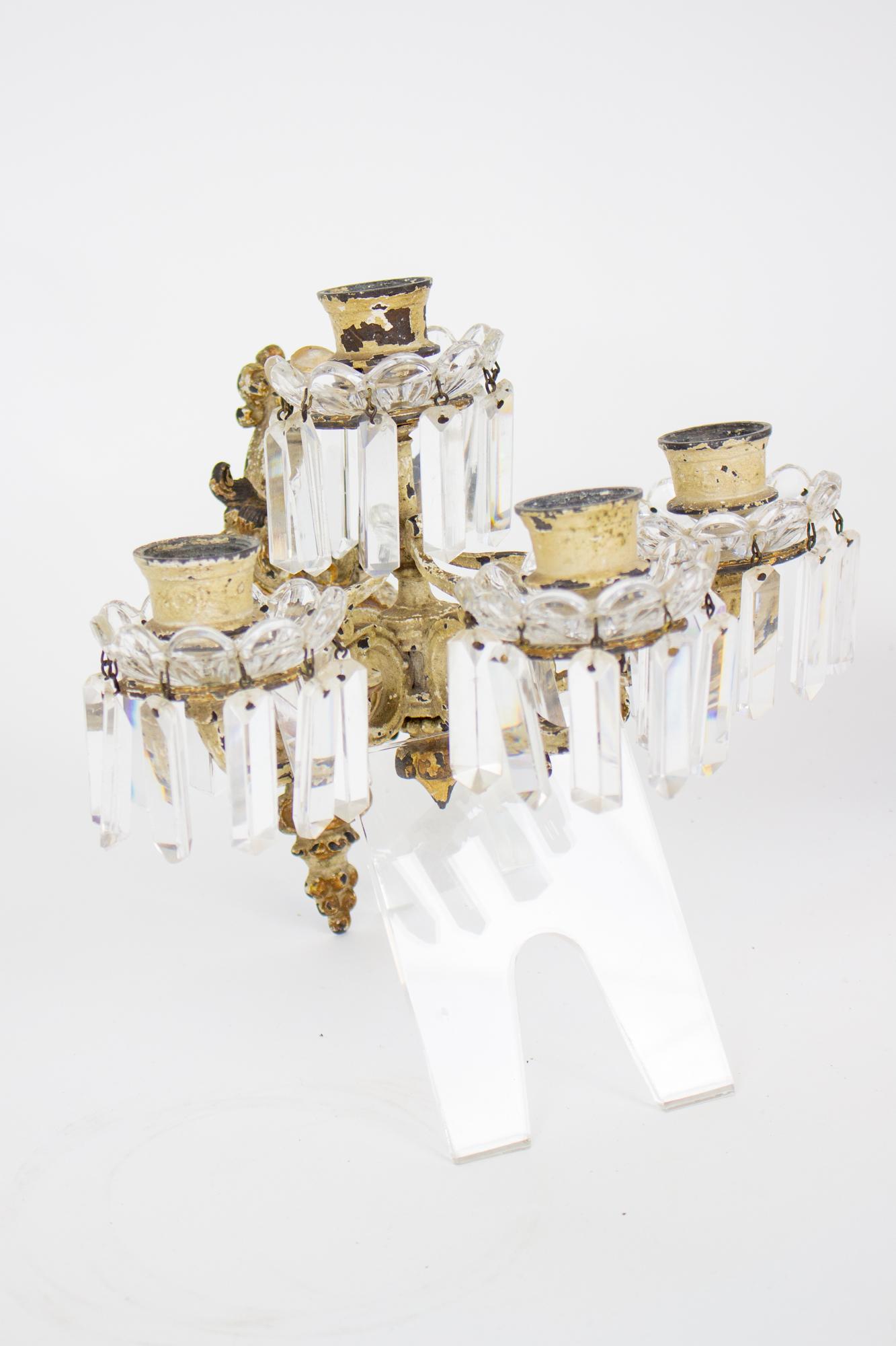 19th Century Painted Brass and Crystal Four Arm Baccarat Candle Sconces - a Pair For Sale 4