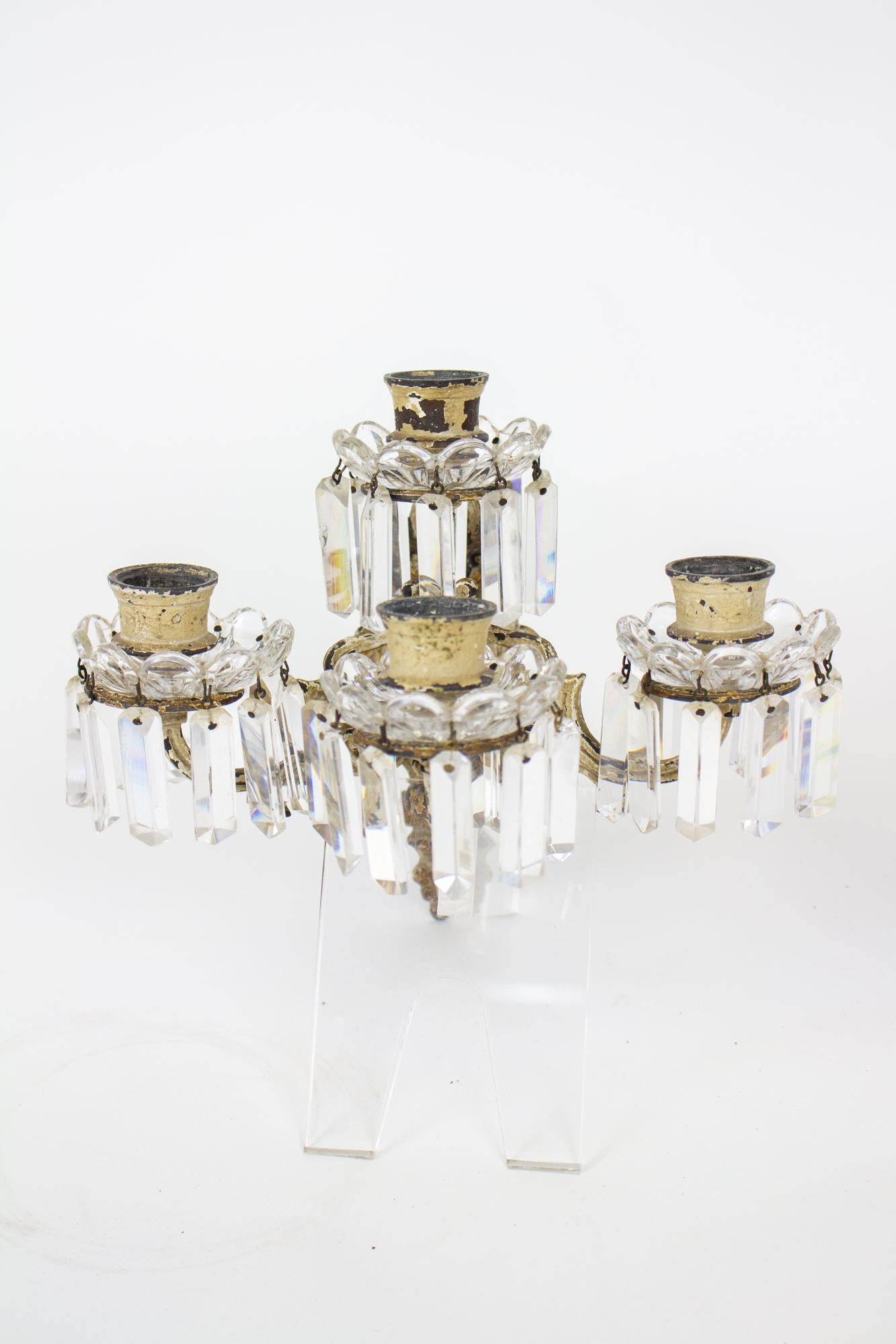 19th Century Painted Brass and Crystal Four Arm Baccarat Candle Sconces - a Pair For Sale 5