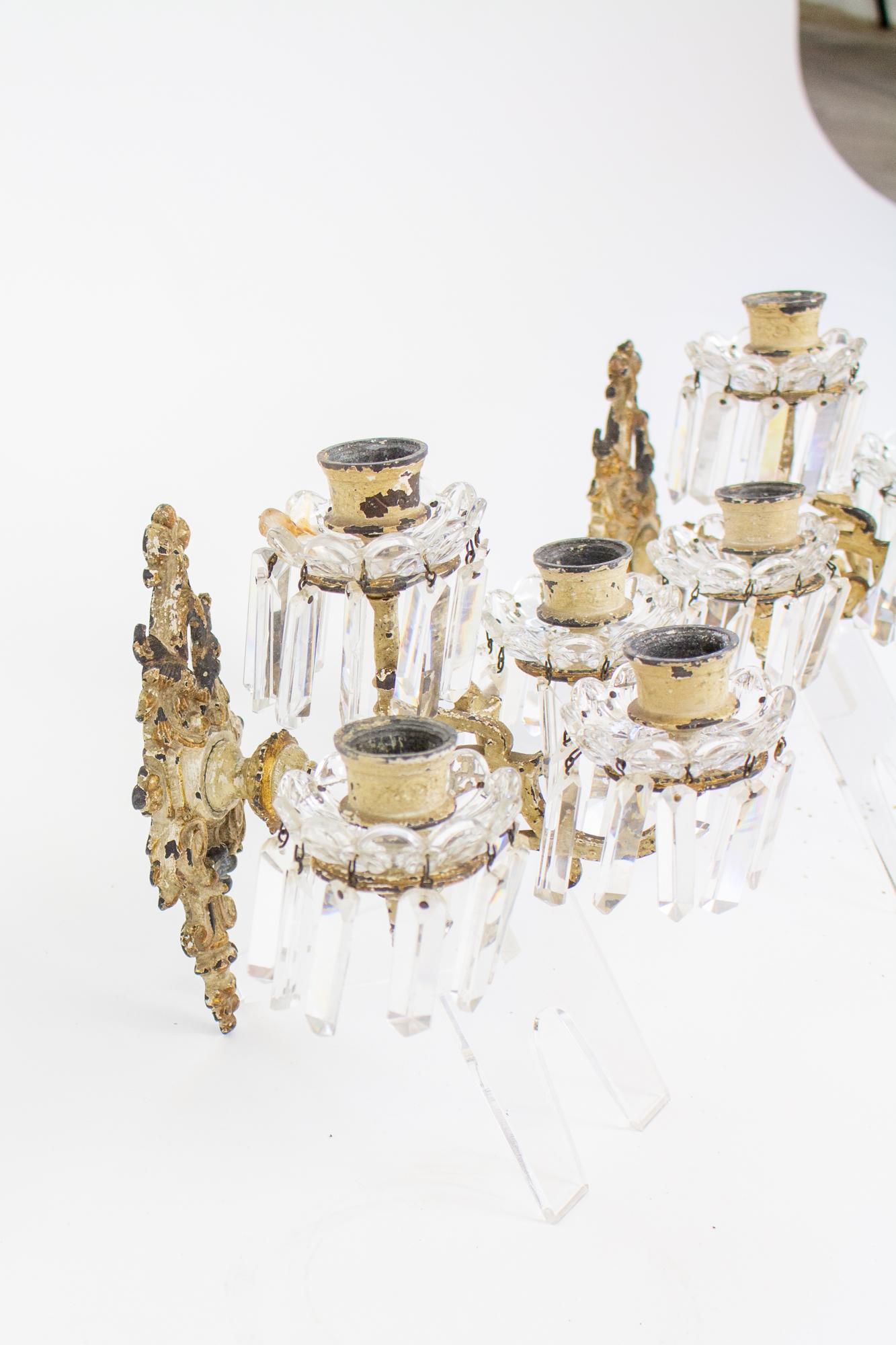 19th Century Painted Brass and Crystal Four Arm Baccarat Candle Sconces - a Pair For Sale 7