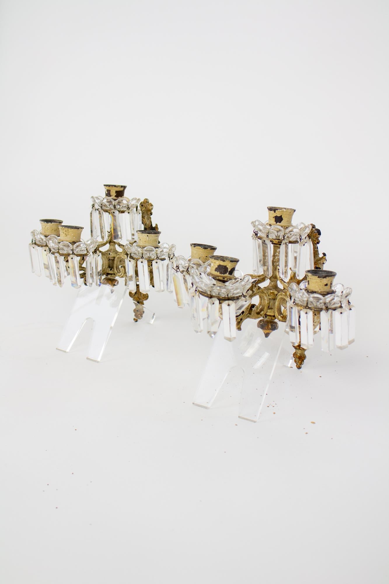 French 19th Century Painted Brass and Crystal Four Arm Baccarat Candle Sconces - a Pair For Sale