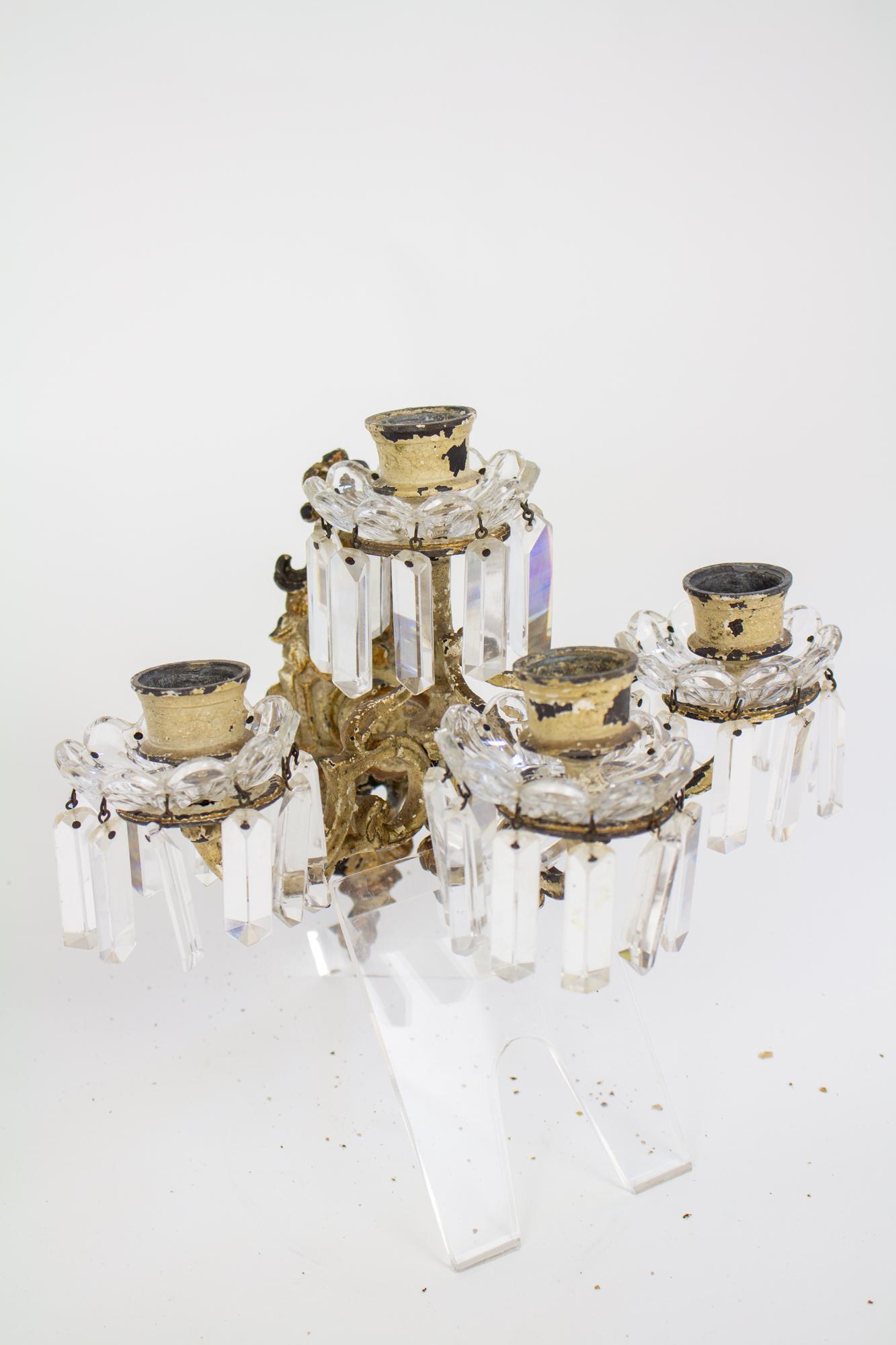 Metal 19th Century Painted Brass and Crystal Four Arm Baccarat Candle Sconces - a Pair For Sale
