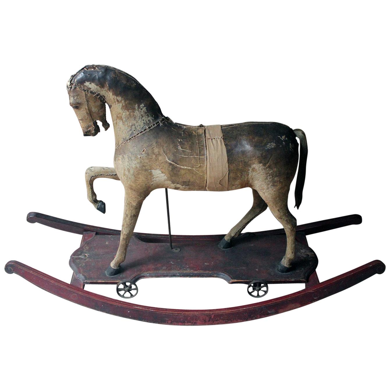 19th Century Painted, Carved & Horse Hide Rocking & Pull Horse, circa 1870-1880
