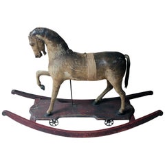Antique 19th Century Painted, Carved & Horse Hide Rocking & Pull Horse, circa 1870-1880