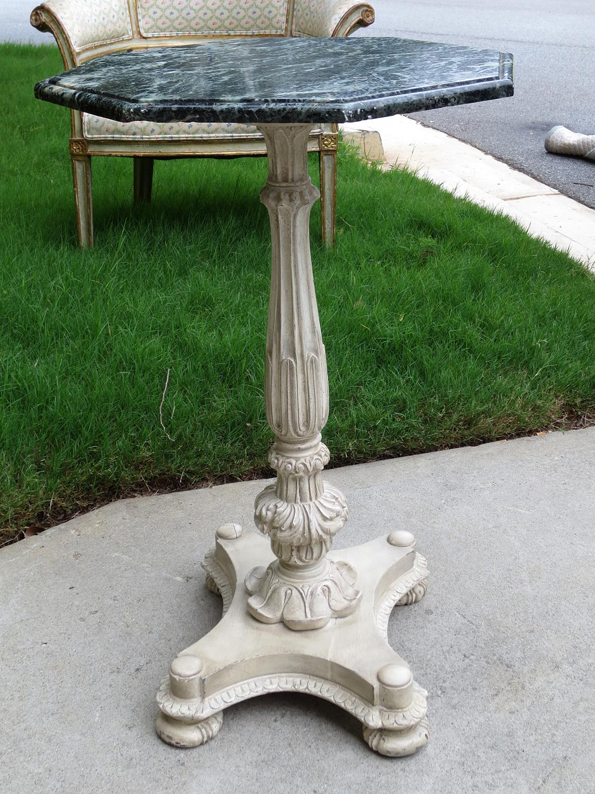 19th Century Painted Carved Pedestal Table with Hexagonal Green Marble Top For Sale 1