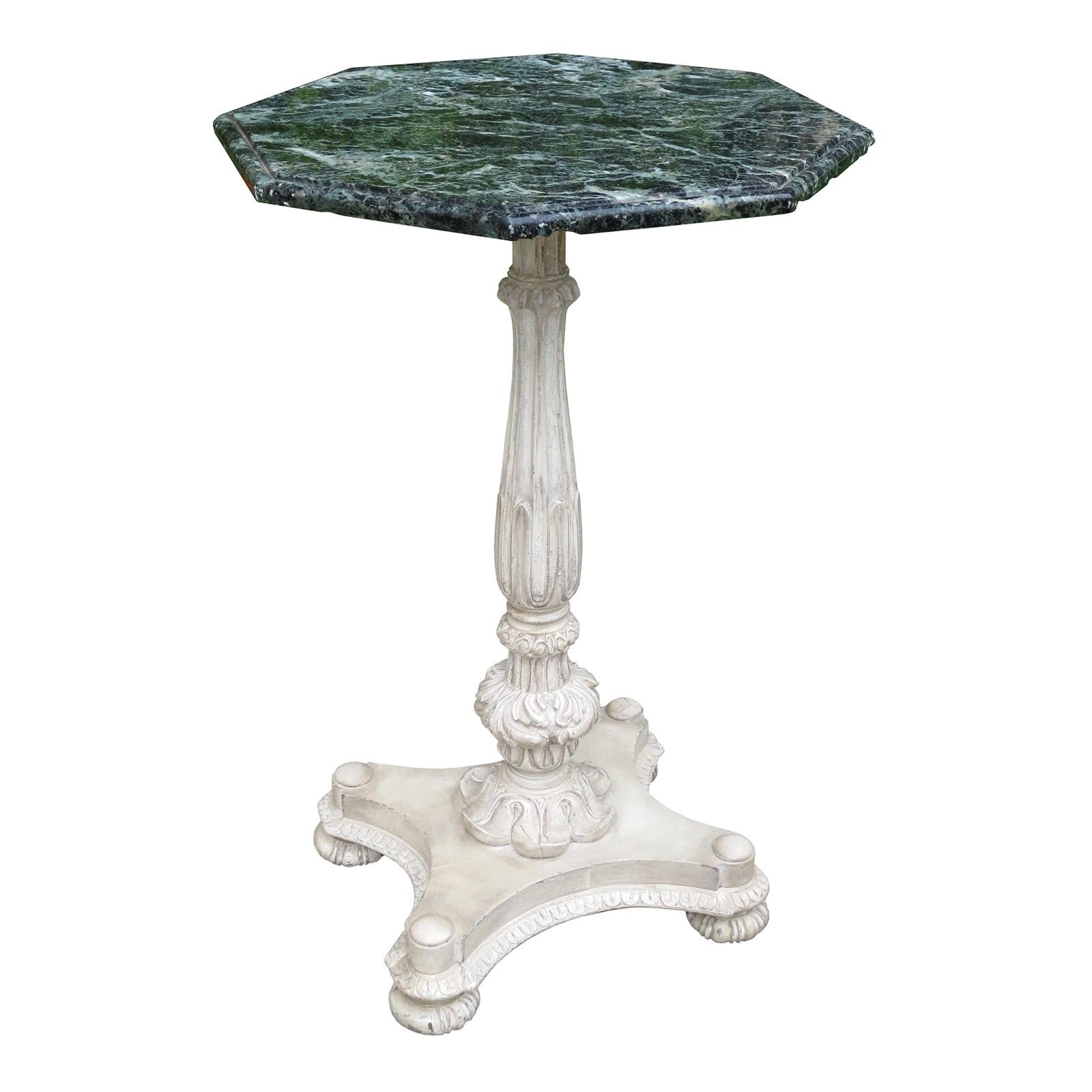 19th Century Painted Carved Pedestal Table with Hexagonal Green Marble Top For Sale