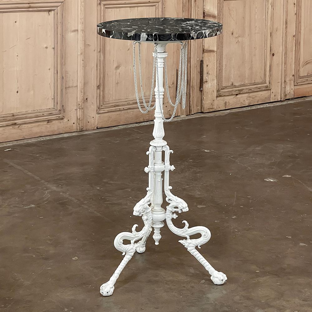 19th century Painted Cast Iron Marble Top Lamp Table ~ Pedestal is an intriguing combination of styles rolled into a diminutive example of fine craftsmanship! The beautiful veining of the black marble top provides an elegant yet carefree surface for