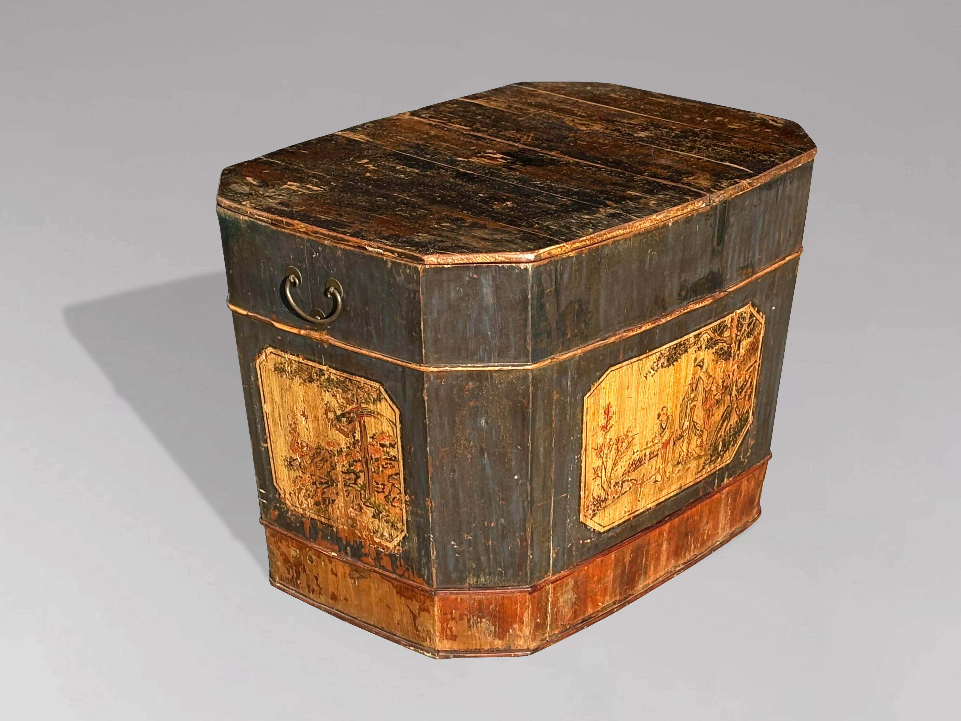 A very decorative 19th Century painted Chinese rice, grain chest or coffee table. Original painted finish depicting hand painted scenes of Chinese life. A lift off lid above canted corners, bamboo banding and a pair of patinated bronze carrying