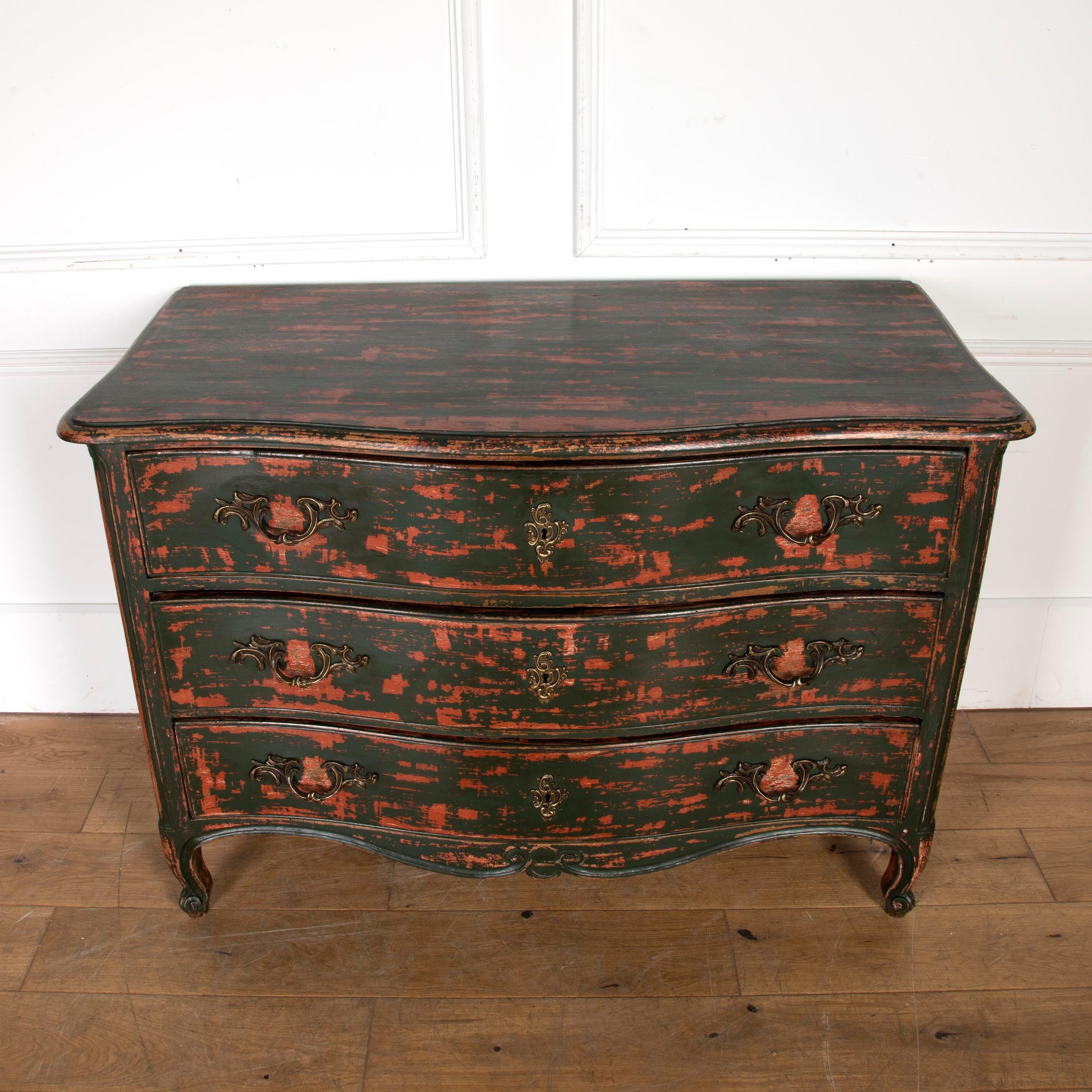 Very attractive 19th century painted oak chest of three drawers. 

Dating to the late 19th Century, this French chest of drawers features three equally sized drawers with their original Rococo handles. 

This commode was part of the