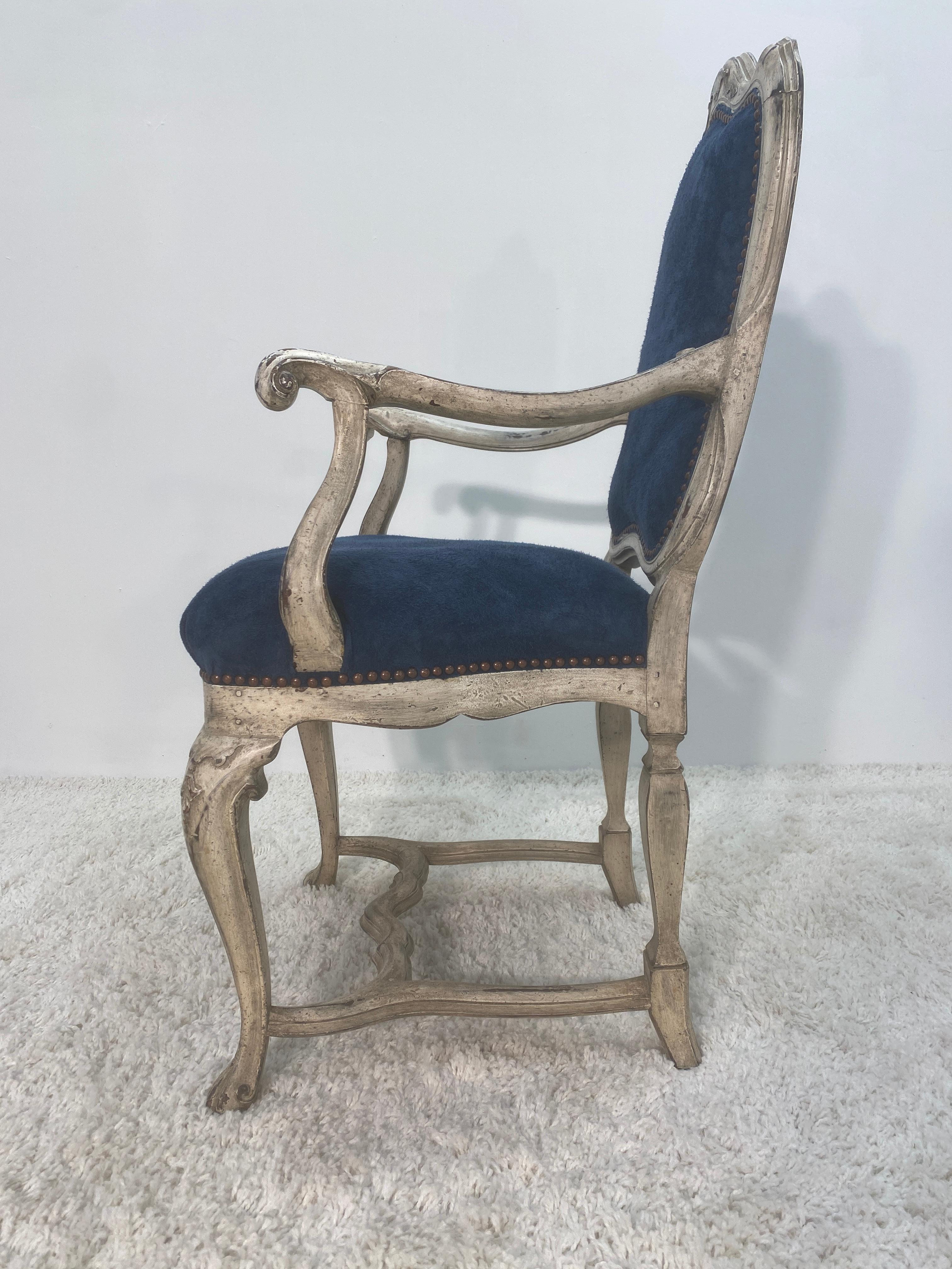 19th Century Painted Dutch Arm Chair in Blue Suede 3