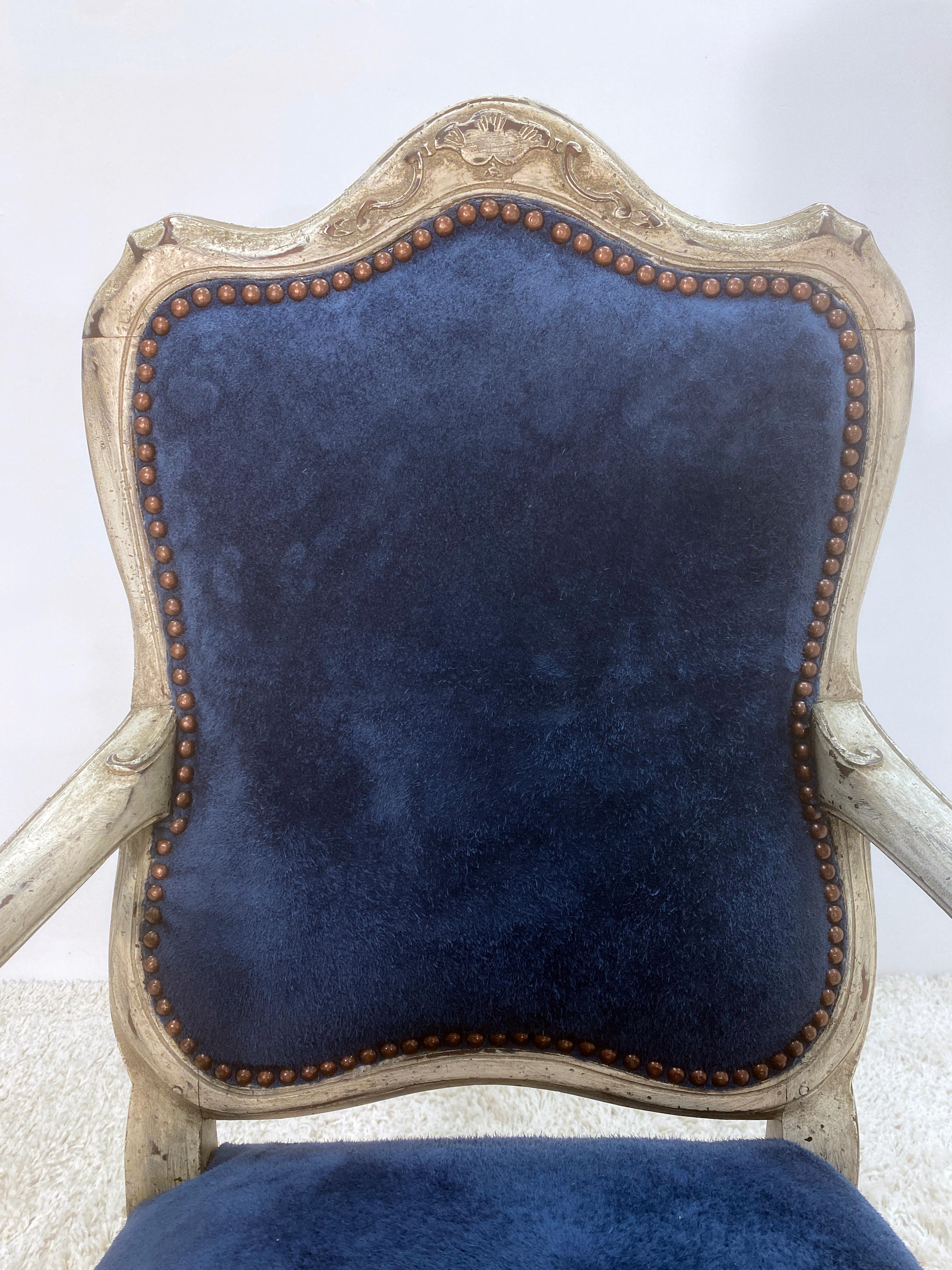 Baroque Revival 19th Century Painted Dutch Arm Chair in Blue Suede