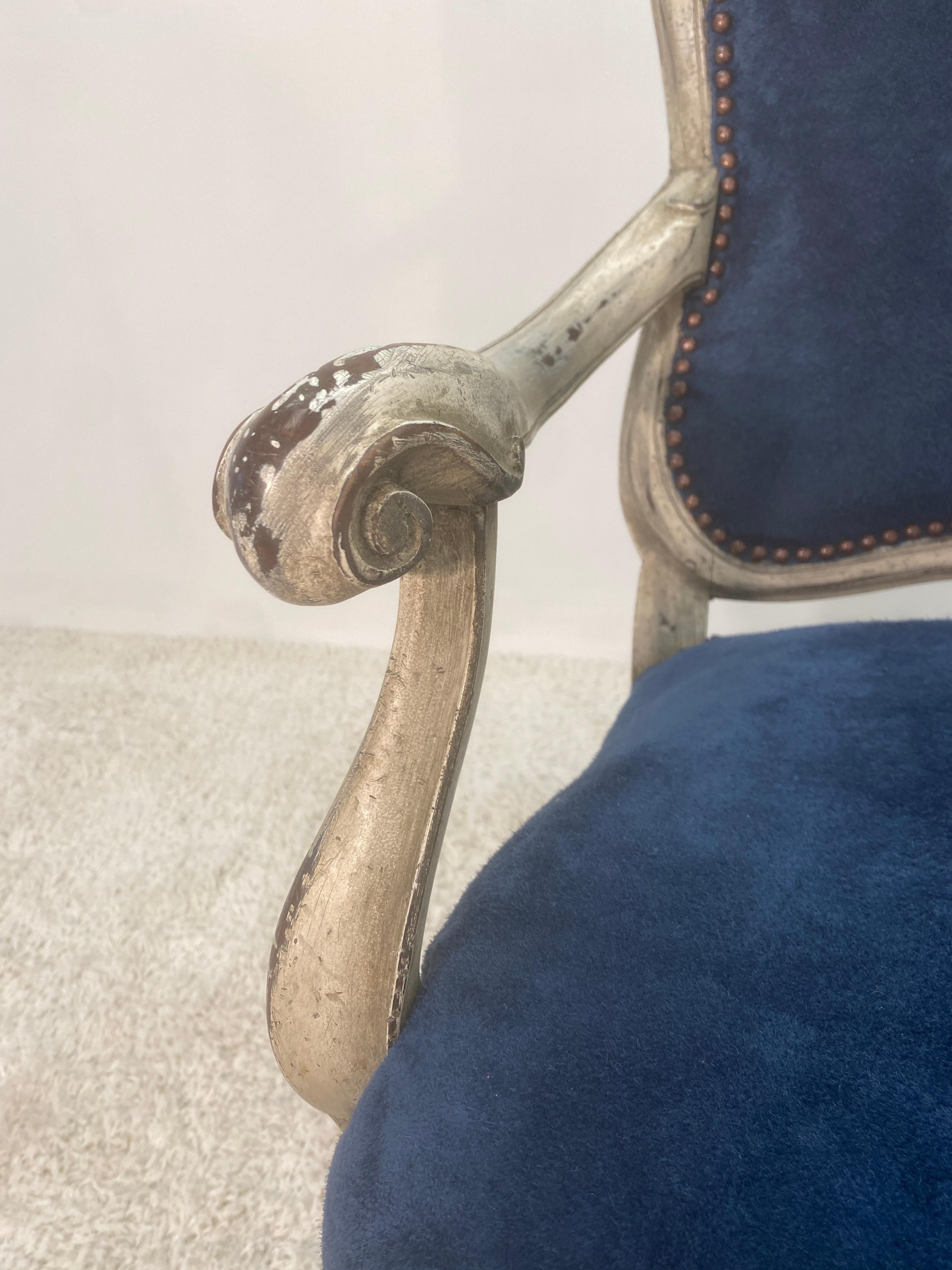 Hand-Painted 19th Century Painted Dutch Arm Chair in Blue Suede