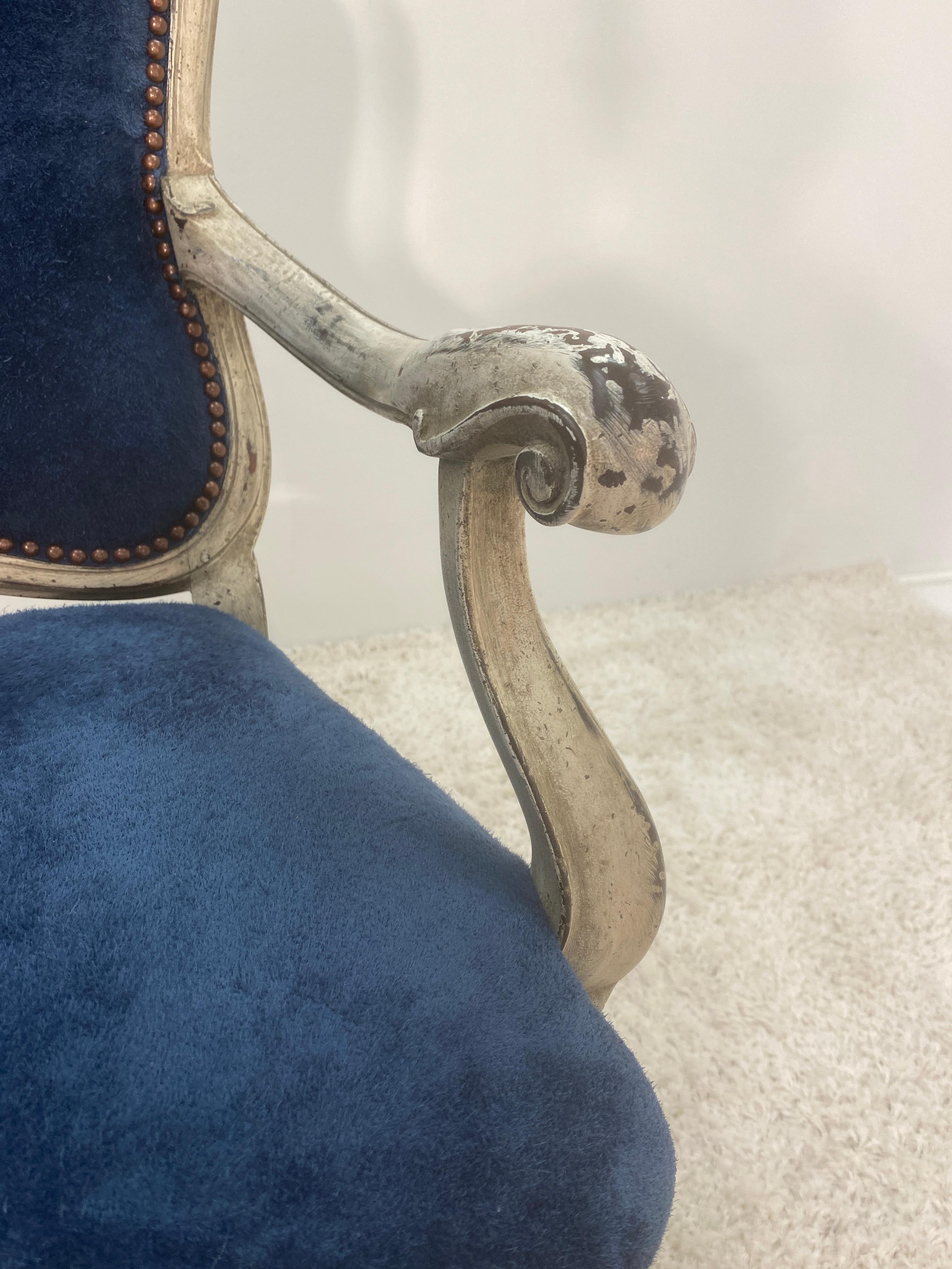 19th Century Painted Dutch Arm Chair in Blue Suede In Good Condition In Nashville, TN