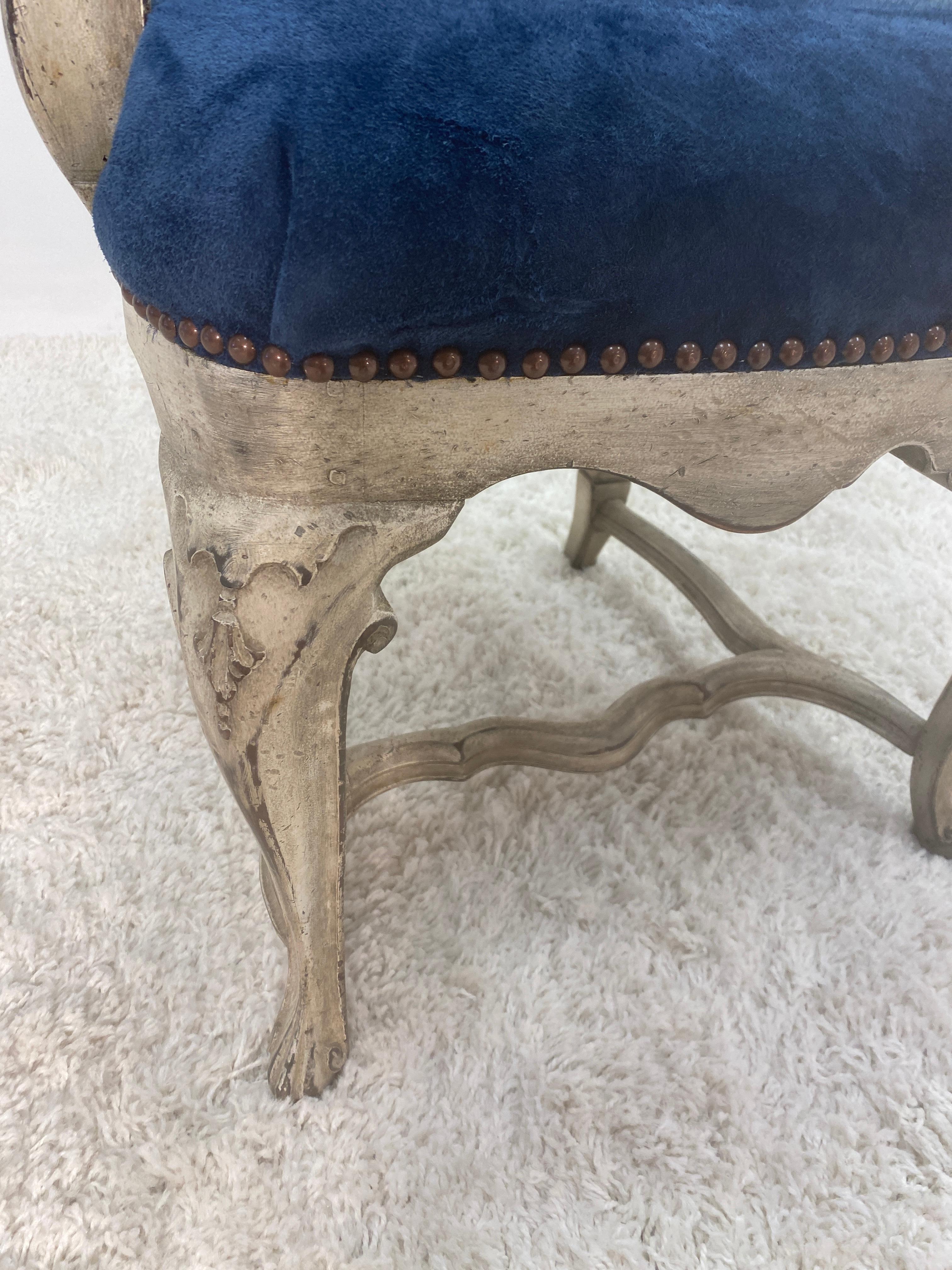 Ash 19th Century Painted Dutch Arm Chair in Blue Suede