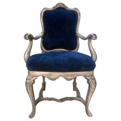 19th Century Painted Dutch Arm Chair in Blue Suede