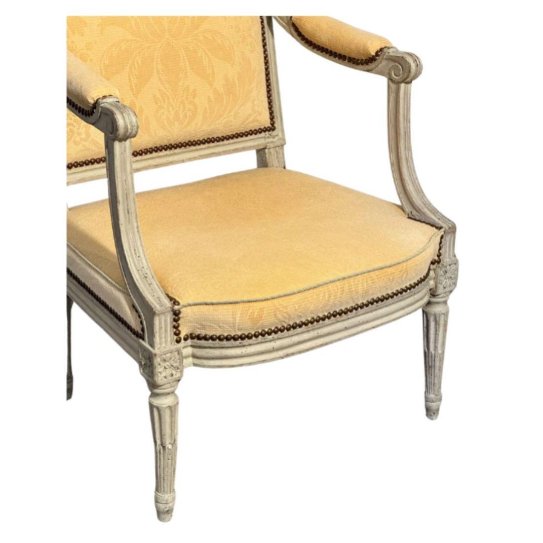 Louis XVI 19th Century Painted Fauteuil With Yellow Damask Fabric For Sale