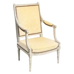 19th Century Painted Fauteuil With Yellow Damask Fabric