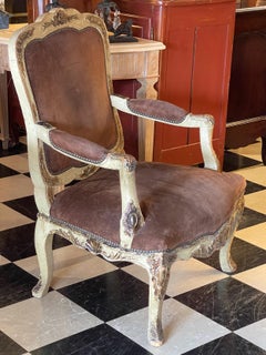 19th Century Painted French Arm Chair With Suede