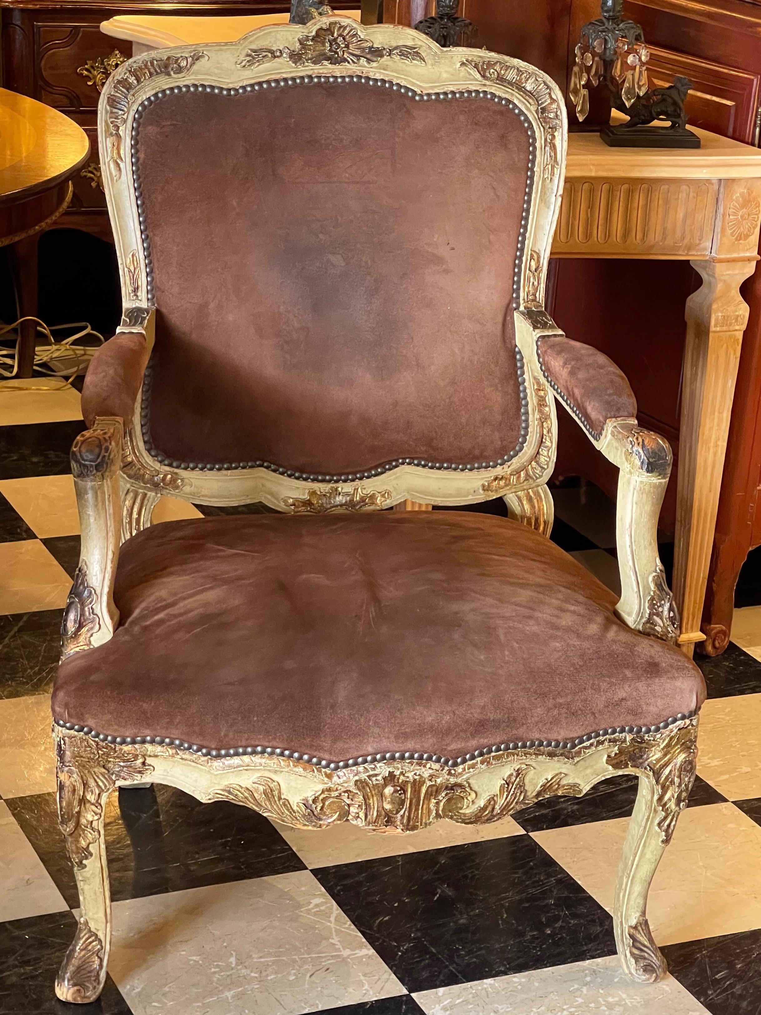 Upholstery 19th Century Painted French Arm Chair With Suede For Sale