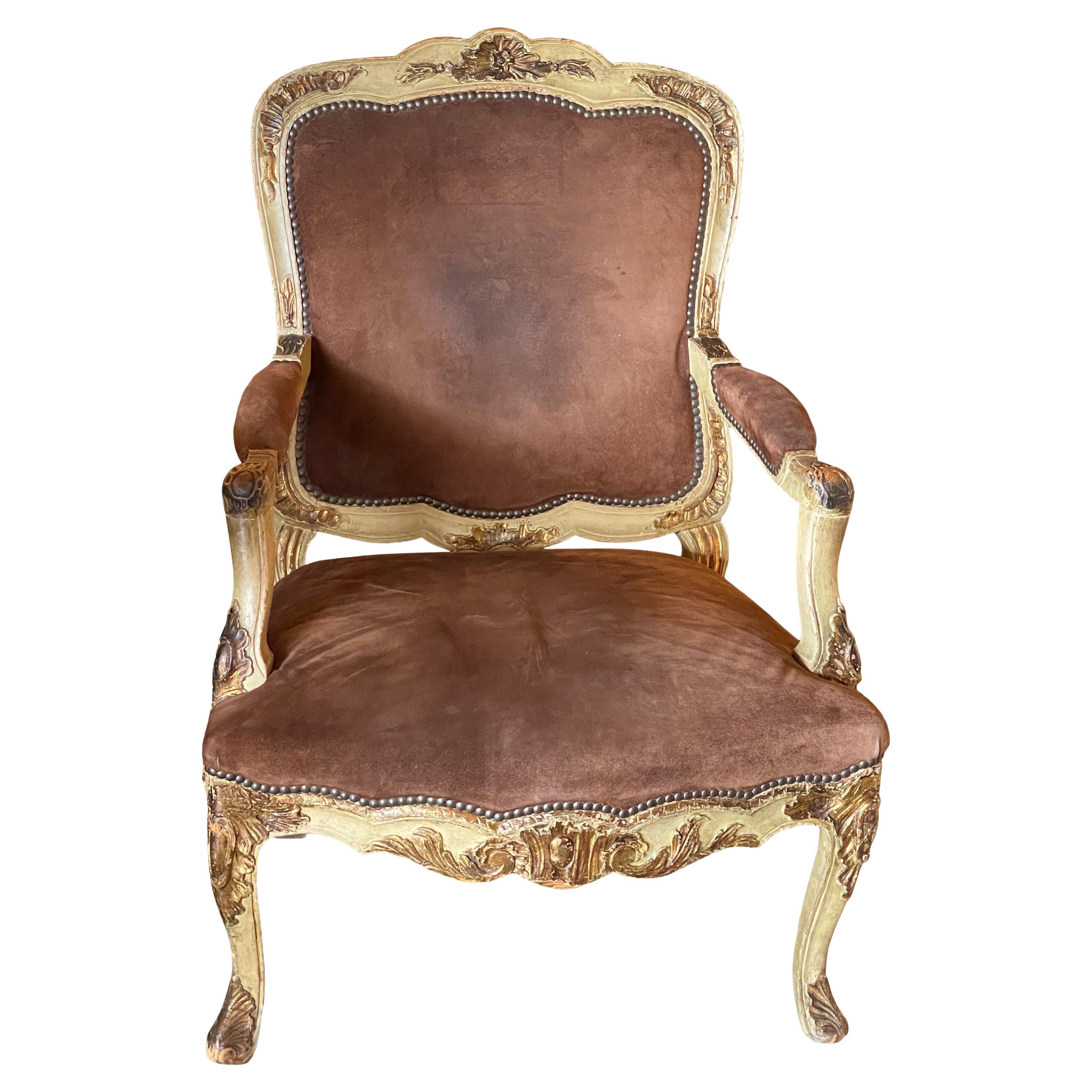 19th Century Painted French Arm Chair With Suede