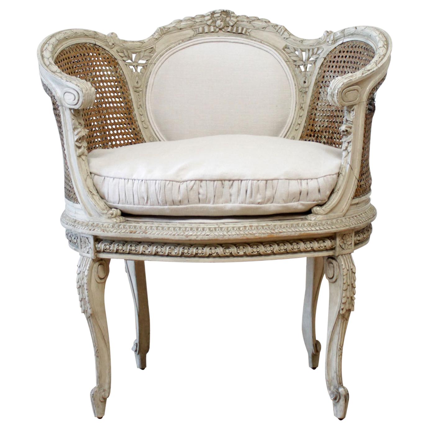 19th Century Painted French Cane Chair with Linen Slip Cover Cushion