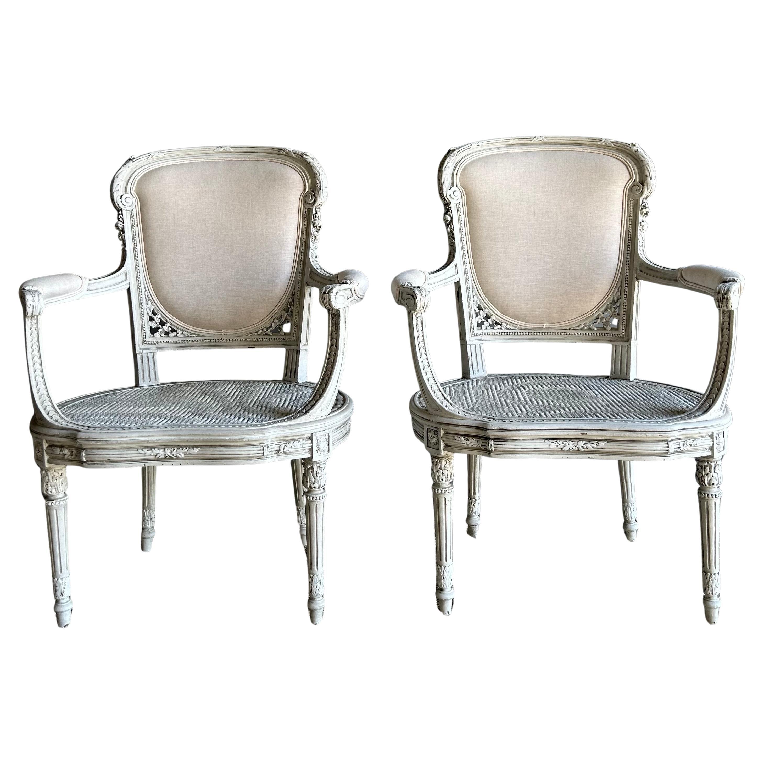 19th Century Painted French Cane Open Arm Chairs with Linen Upholstery